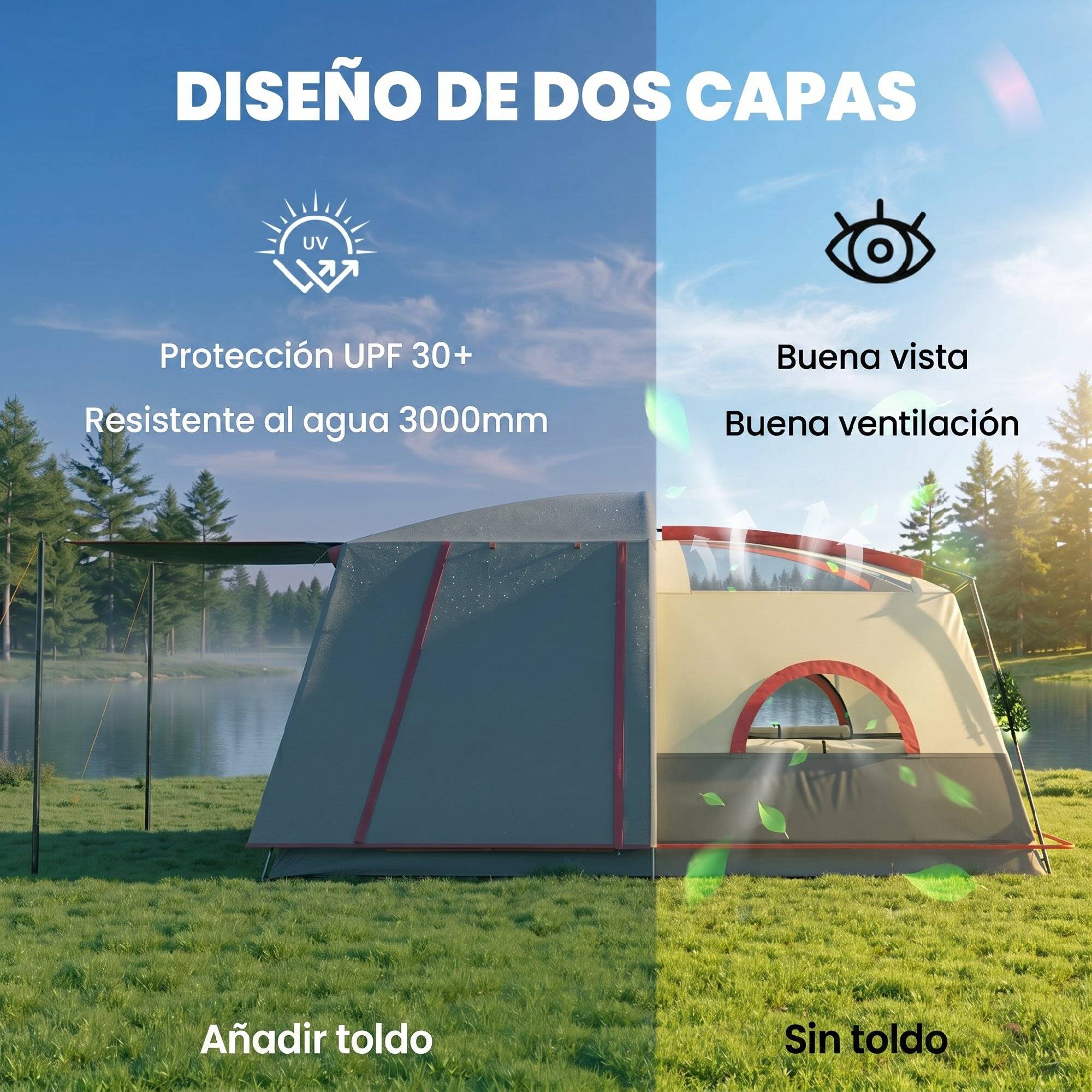 Tente familiale pour 4 personnes avec 2 chambres, un espace de vie et une protection imperméable 430 x 305 cm Rouge - Image 6