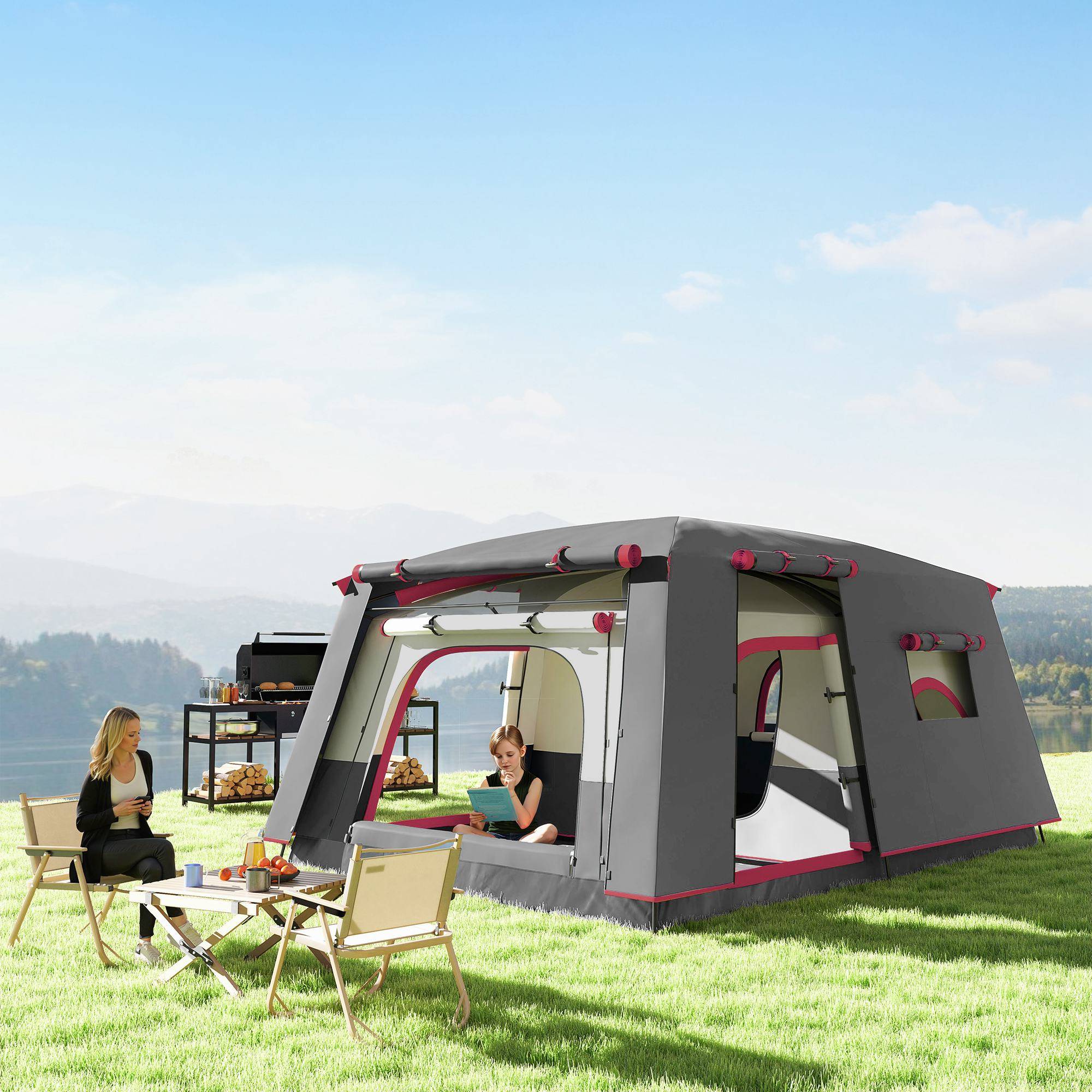 Tente familiale pour 4 personnes avec 2 chambres, un espace de vie et une protection imperméable 430 x 305 cm Rouge - Image 10