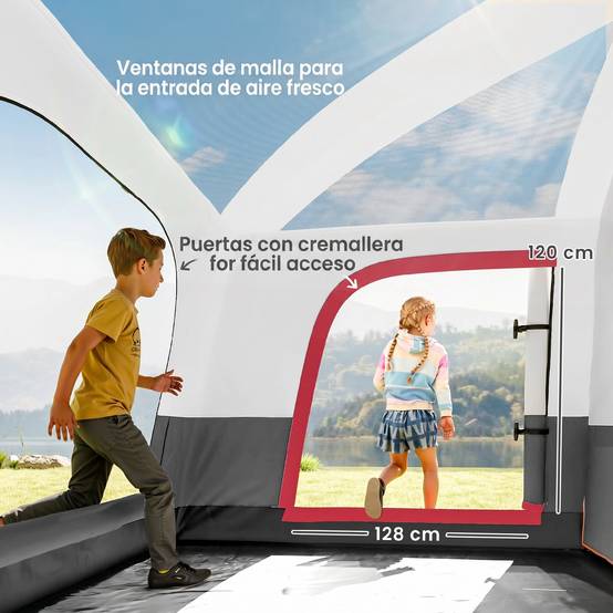 Tente familiale pour 4 personnes avec 2 chambres, un espace de vie et une protection imperméable 430 x 305 cm Rouge - Image 7