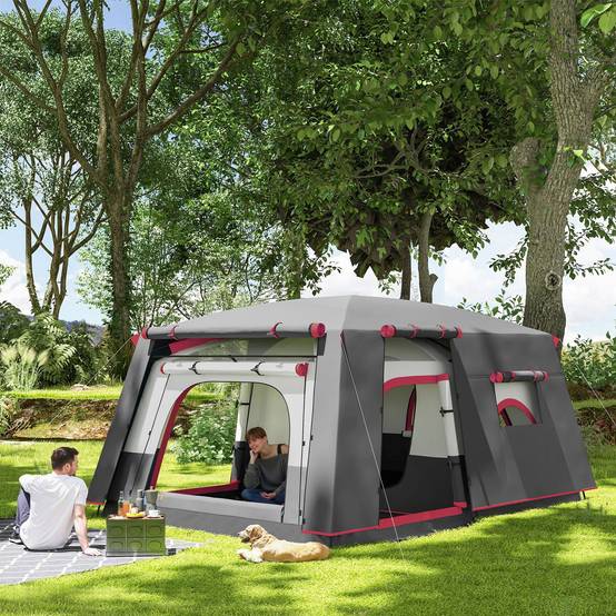 Tente familiale pour 4 personnes avec 2 chambres, un espace de vie et une protection imperméable 430 x 305 cm Rouge - Image 4