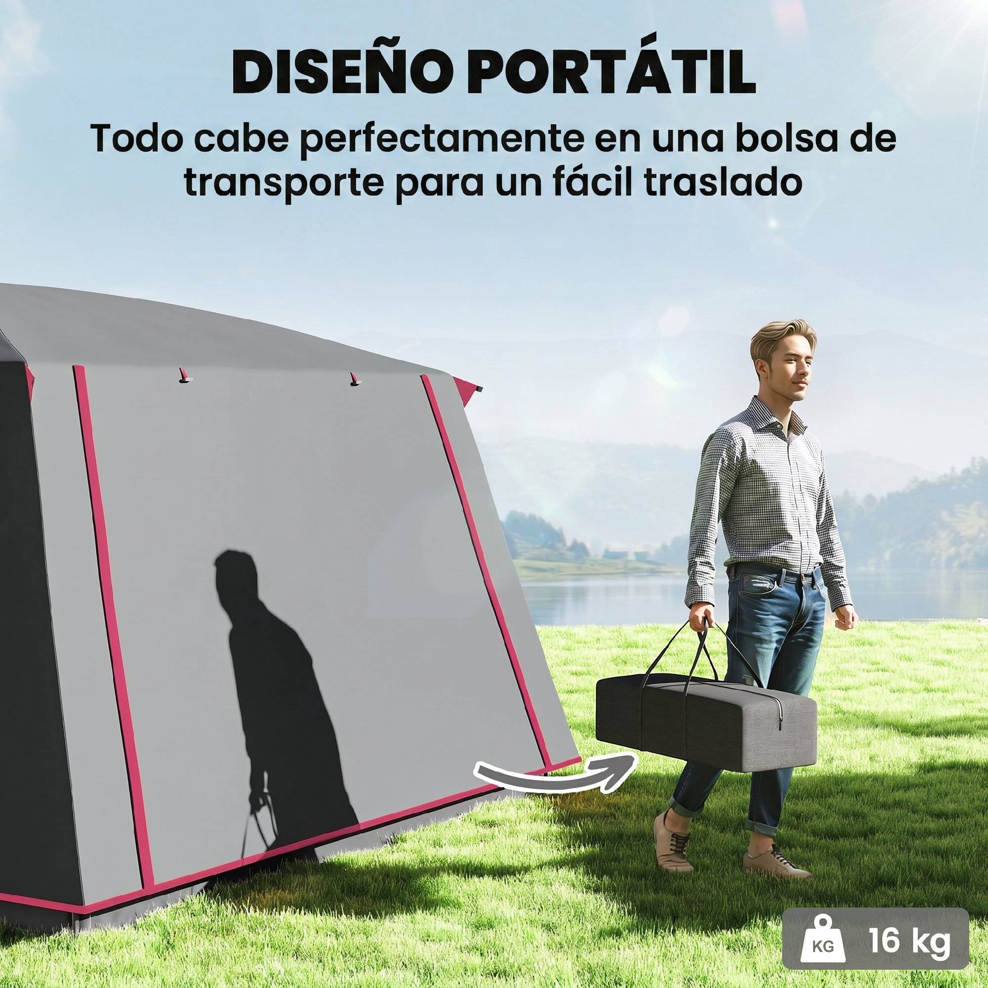 Tente familiale pour 4 personnes avec 2 chambres, un espace de vie et une protection imperméable 430 x 305 cm Rouge - Image 9