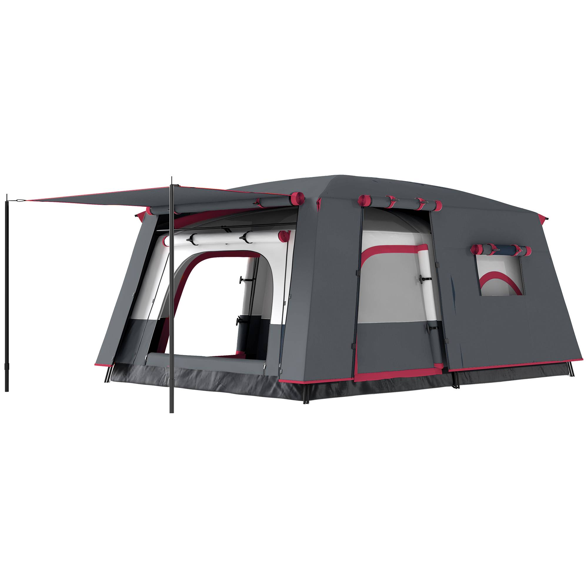 Tente familiale pour 4 personnes avec 2 chambres, un espace de vie et une protection imperméable 430 x 305 cm Rouge - Image 2