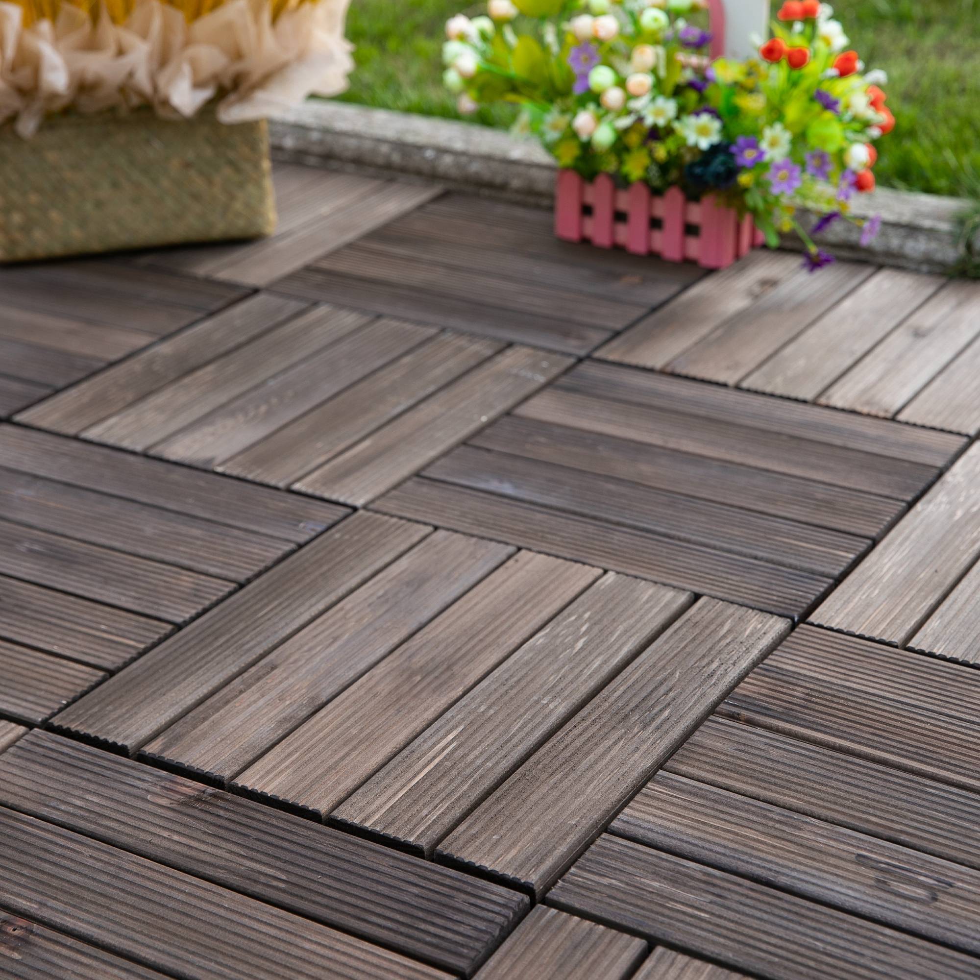 ComfortXL - Dalles de terrasse clipsables en bois de sapin et PVC noir 30 x 30 cm lot de 27 pour extérieur antidérapant