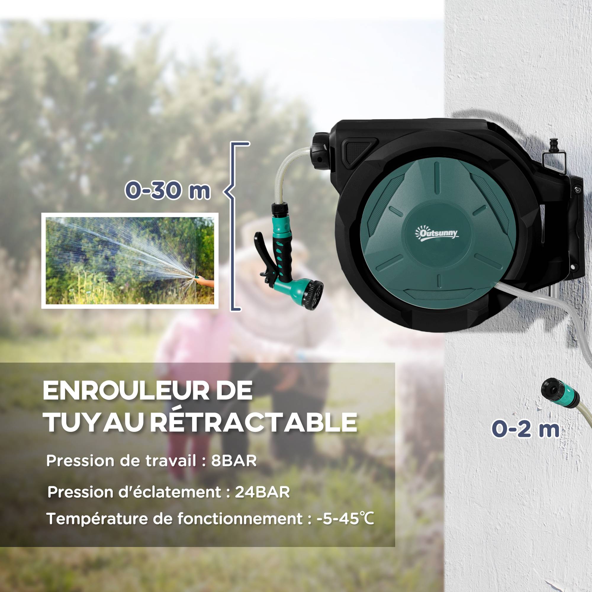 Enrouleur Tuyau Arrosage Mural 30 m x Ø 15 mm Dévidoir Automatique de Tuyaux d'Eau Rétractable Automatique vert - Image 6