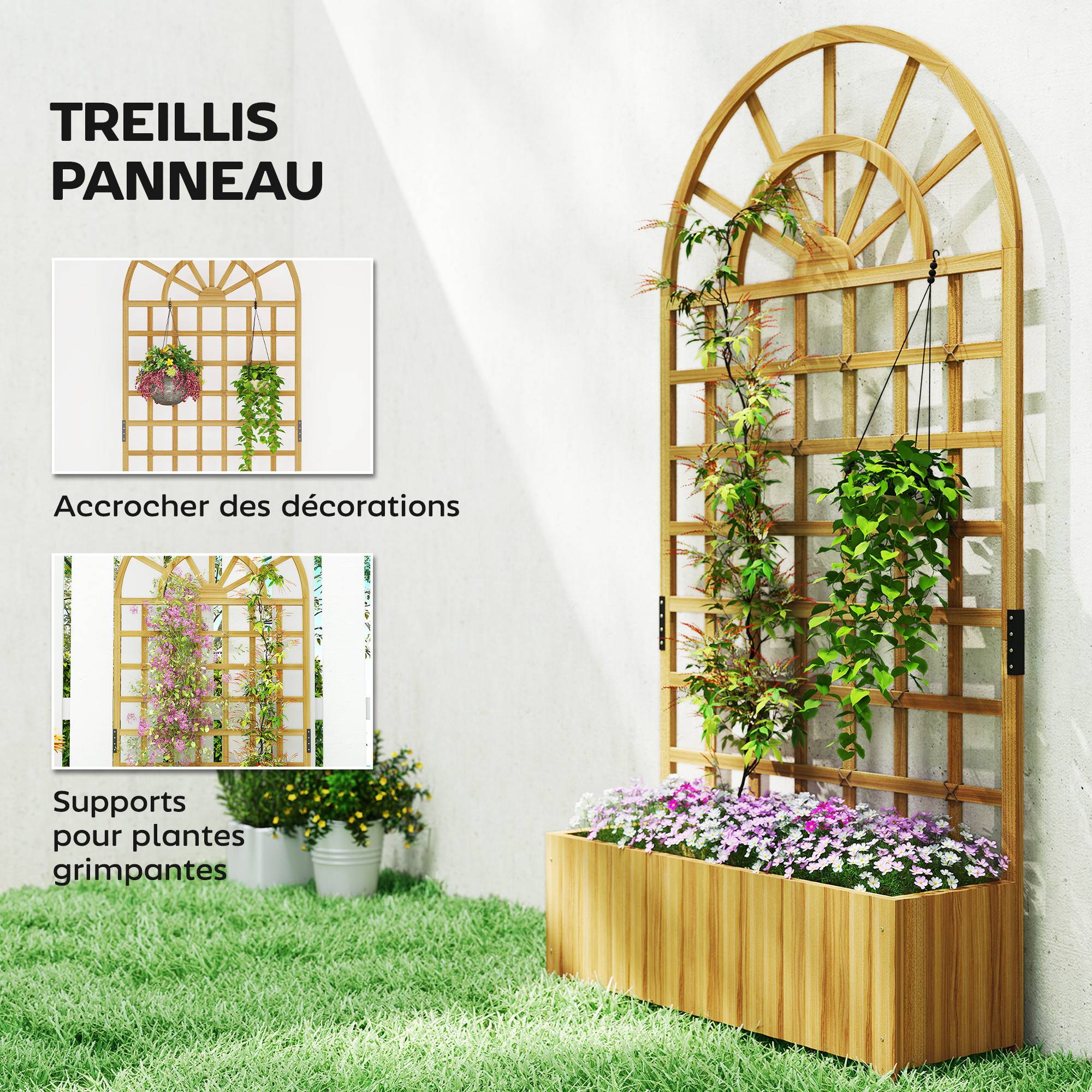Bac Fleurs Treillis Bois Sapin Extérieur Maintien Grimpantes 90x30x180cm Naturel - ComfortXL Outdoor Living - Image 6