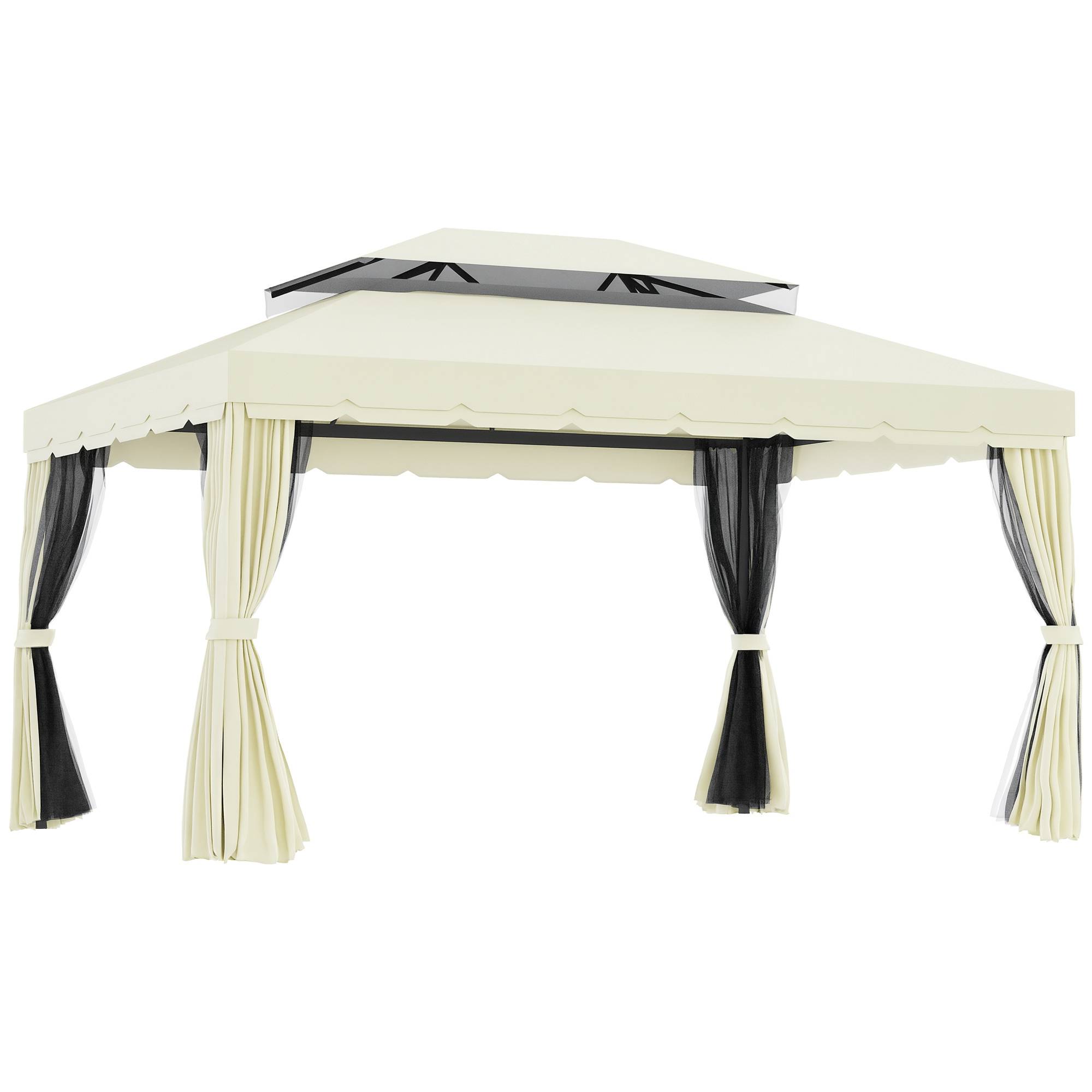 Tonnelle Pergola Aluminium Jardin Terrasse Double Toit Rideaux 4x3m Crème - ComfortXL Outdoor Living - Image 1