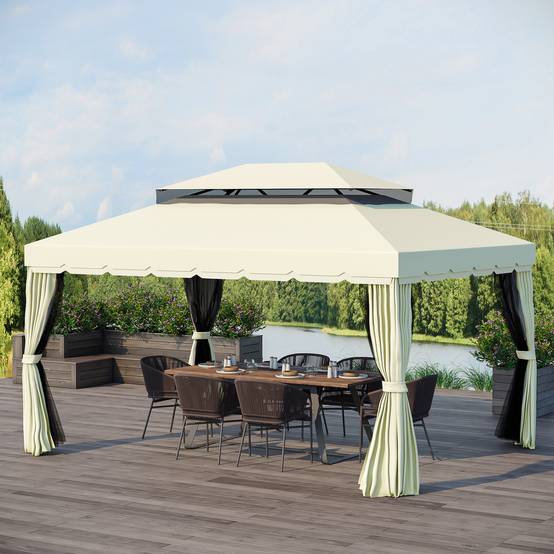 Tonnelle Pergola Aluminium Jardin Terrasse Double Toit Rideaux 4x3m Crème - ComfortXL Outdoor Living - Image 3