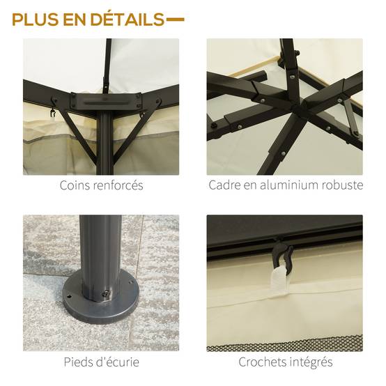 Tonnelle Pergola Aluminium Jardin Terrasse Double Toit Rideaux 4x3m Crème - ComfortXL Outdoor Living - Image 8