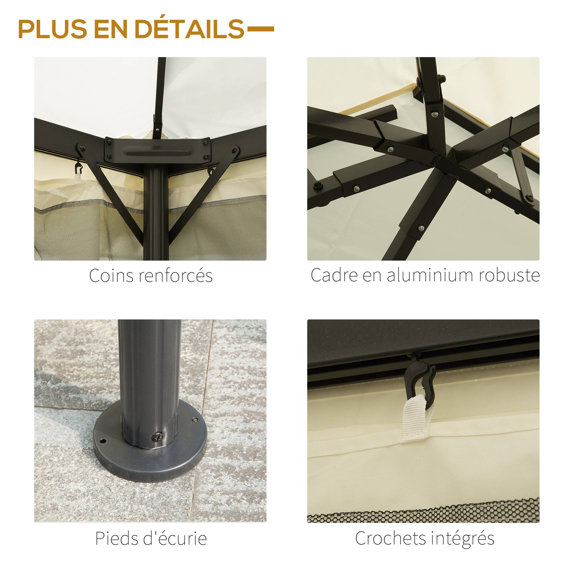 Tonnelle Pergola Aluminium Jardin Terrasse Double Toit Rideaux 4x3m Crème - ComfortXL Outdoor Living - Image 8