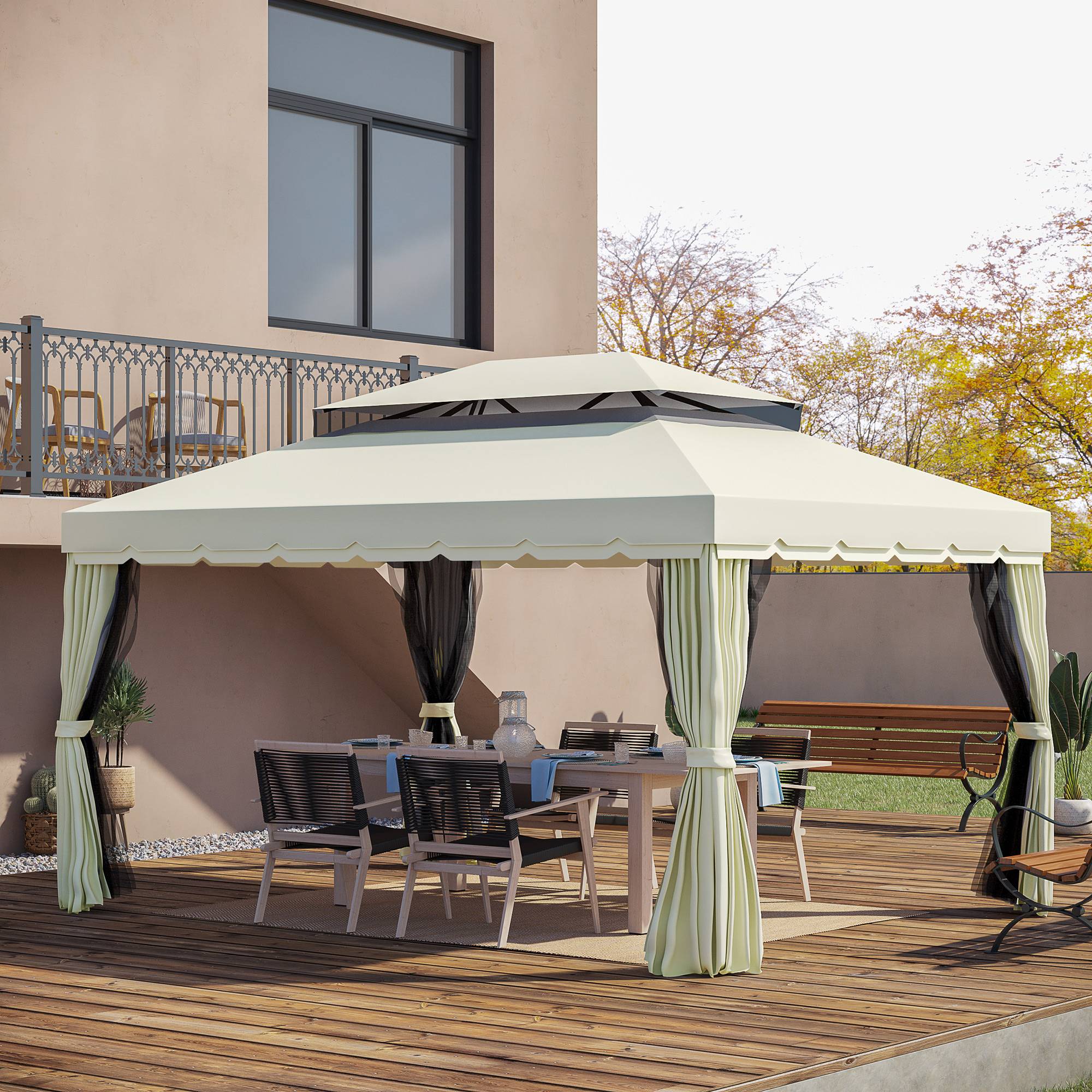 Tonnelle Pergola Aluminium Jardin Terrasse Double Toit Rideaux 4x3m Crème - ComfortXL Outdoor Living - Image 4