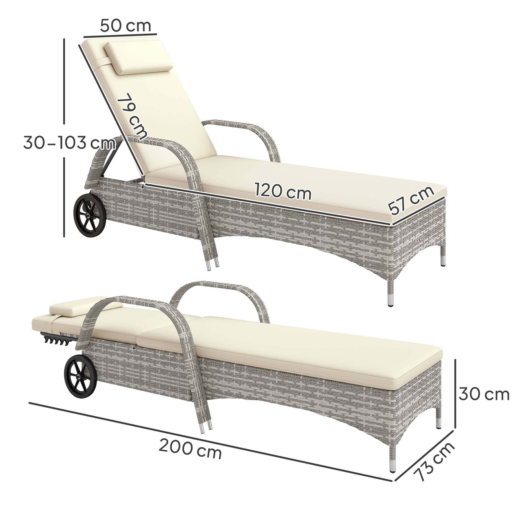 Transat bain de soleil matelas réglable multipositions - 200x73x103cm Résine tressée Gris clair fr569 - Image 5