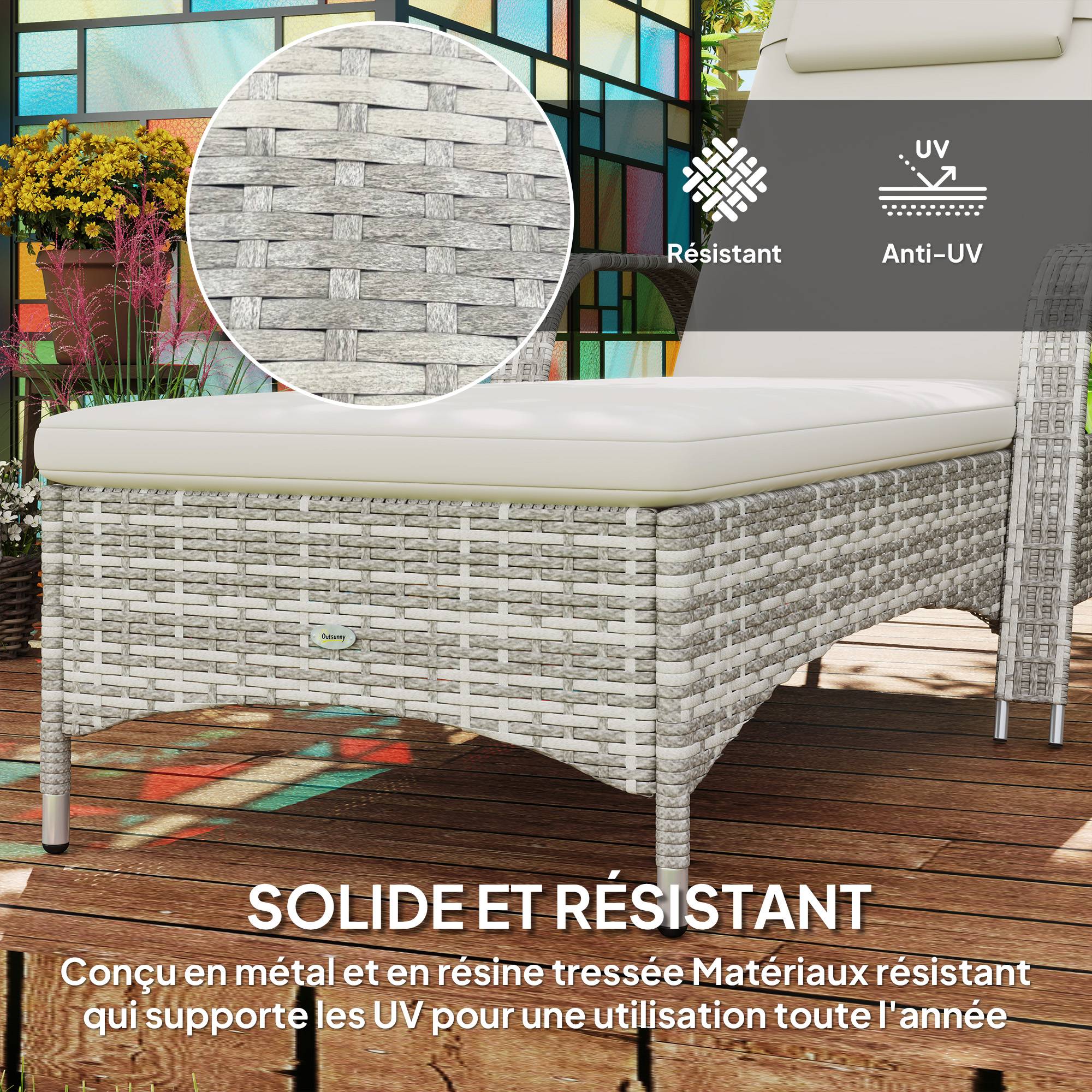 Transat bain de soleil matelas réglable multipositions - 200x73x103cm Résine tressée Gris clair fr569 - Image 6