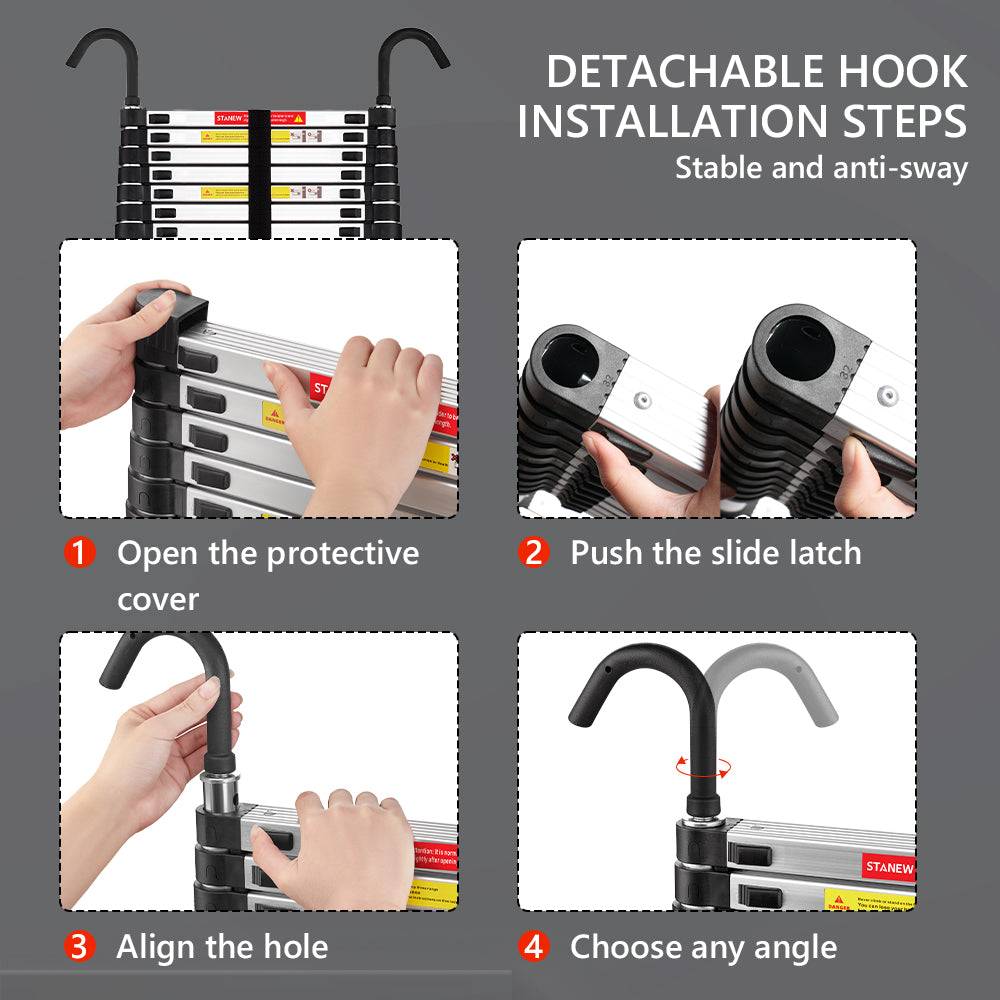 Teeno - Échelle télescopique en aluminium de 4,4 m, Échelle extensible avec stabilisateur et crochets amovibles, Antidérapante, Multifonction, Charge maximale - Image 2