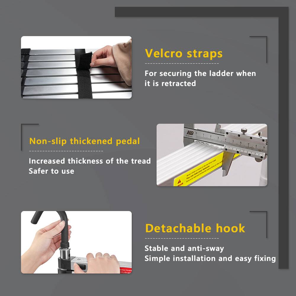 Teeno - Échelle télescopique en aluminium de 4,4 m, Échelle extensible avec stabilisateur et crochets amovibles, Antidérapante, Multifonction, Charge maximale - Image 3