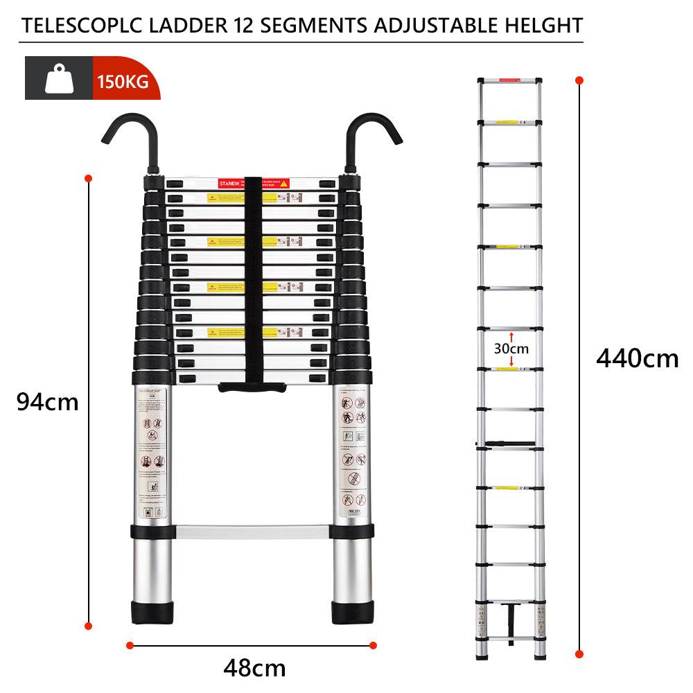 Teeno - Échelle télescopique en aluminium de 4,4 m, Échelle extensible avec stabilisateur et crochets amovibles, Antidérapante, Multifonction, Charge maximale - Image 5