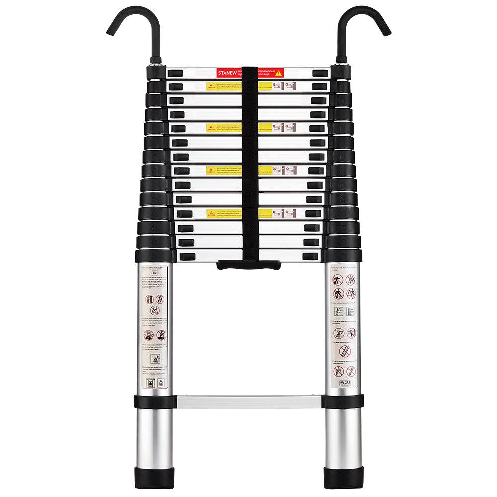 Teeno - Échelle télescopique en aluminium de 4,4 m, Échelle extensible avec stabilisateur et crochets amovibles, Antidérapante, Multifonction, Charge maximale - Image 1