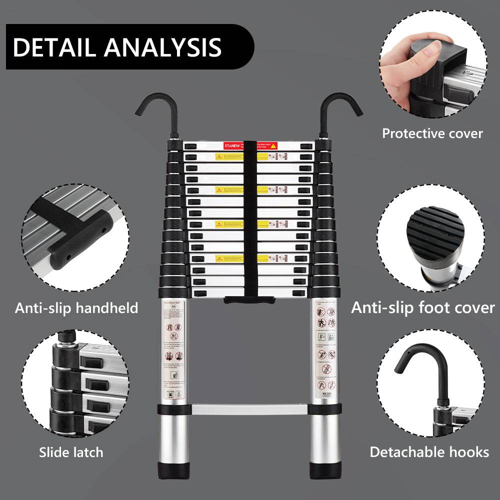 Teeno - Échelle télescopique en aluminium de 4,4 m, Échelle extensible avec stabilisateur et crochets amovibles, Antidérapante, Multifonction, Charge maximale - Image 4