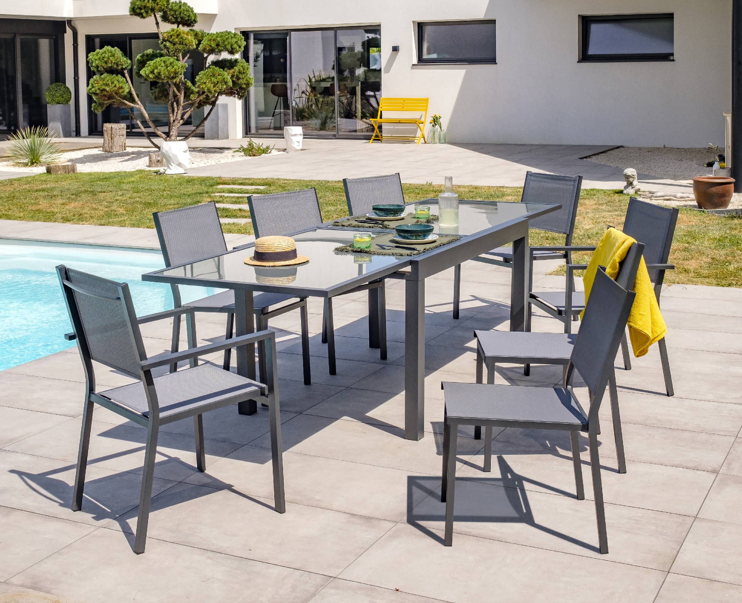Dcb Garden - Ensemble repas 8 places en aluminium et plateau verre - Gris anthracite - TOLEDE - Image 1