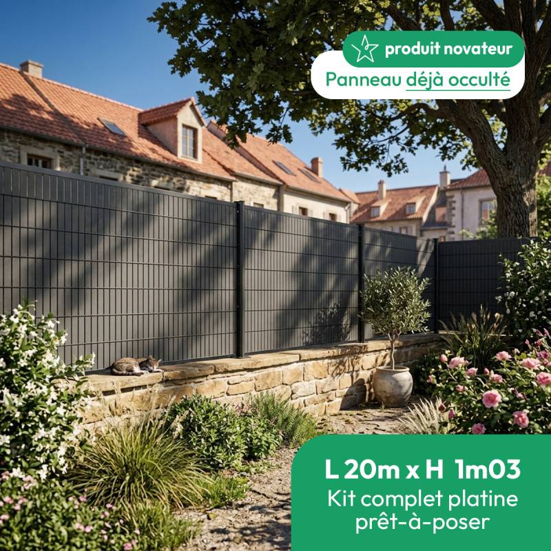 Kit complet grillage rigide occulté composite L 20m H 1m03 gris sur platine - Easy Clôture - Image 1