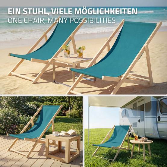 Set 2x Chaise longue de jardin pliable pétrole en bois chiliennes 3 positions de couchage jusqu'à 120 kg usage intérieur et extérieur balcon terrasse - Image 7