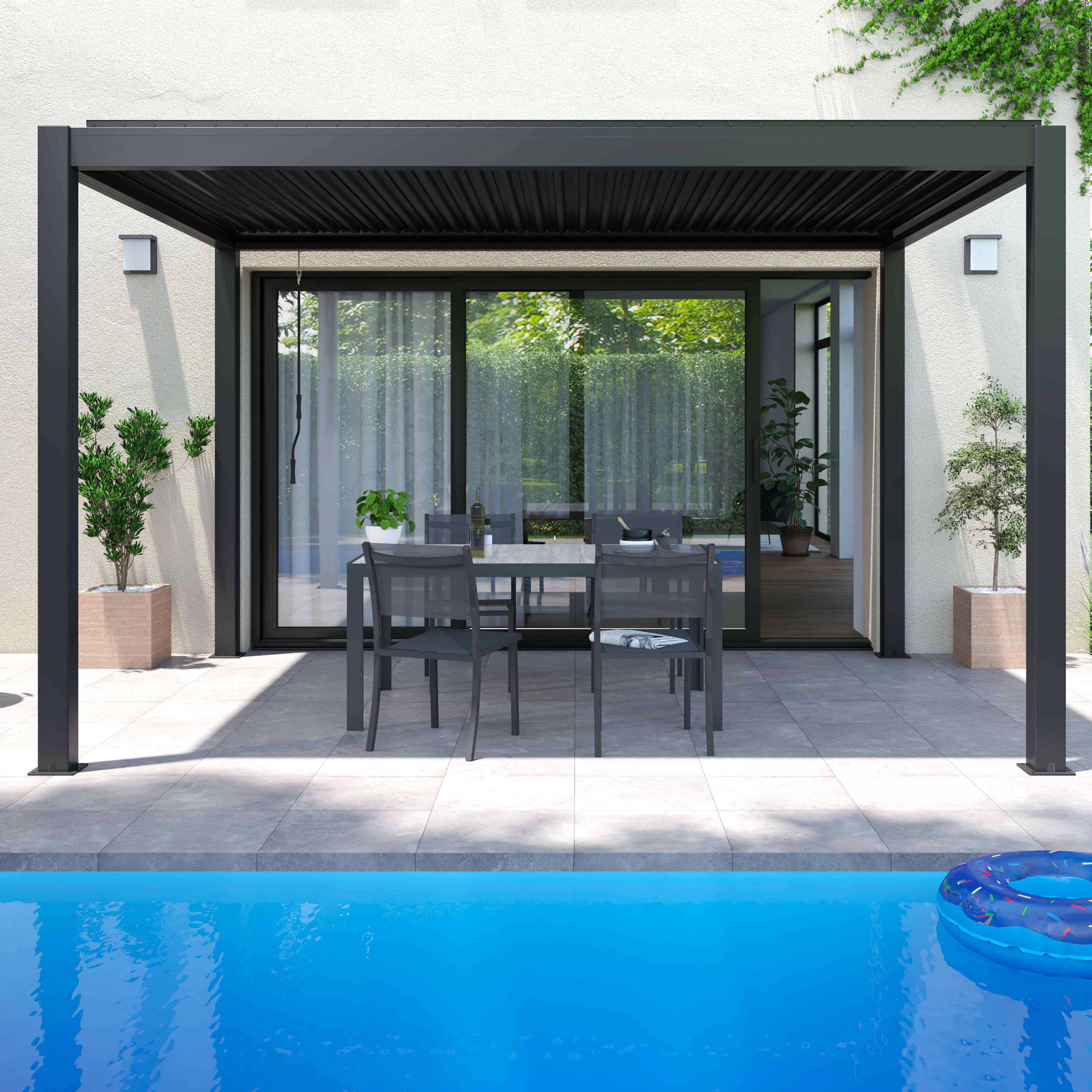 Oviala - Pergola bioclimatique 3 x 4 m autoportée avec 3 stores gris Athenes - Oviala - Image 5