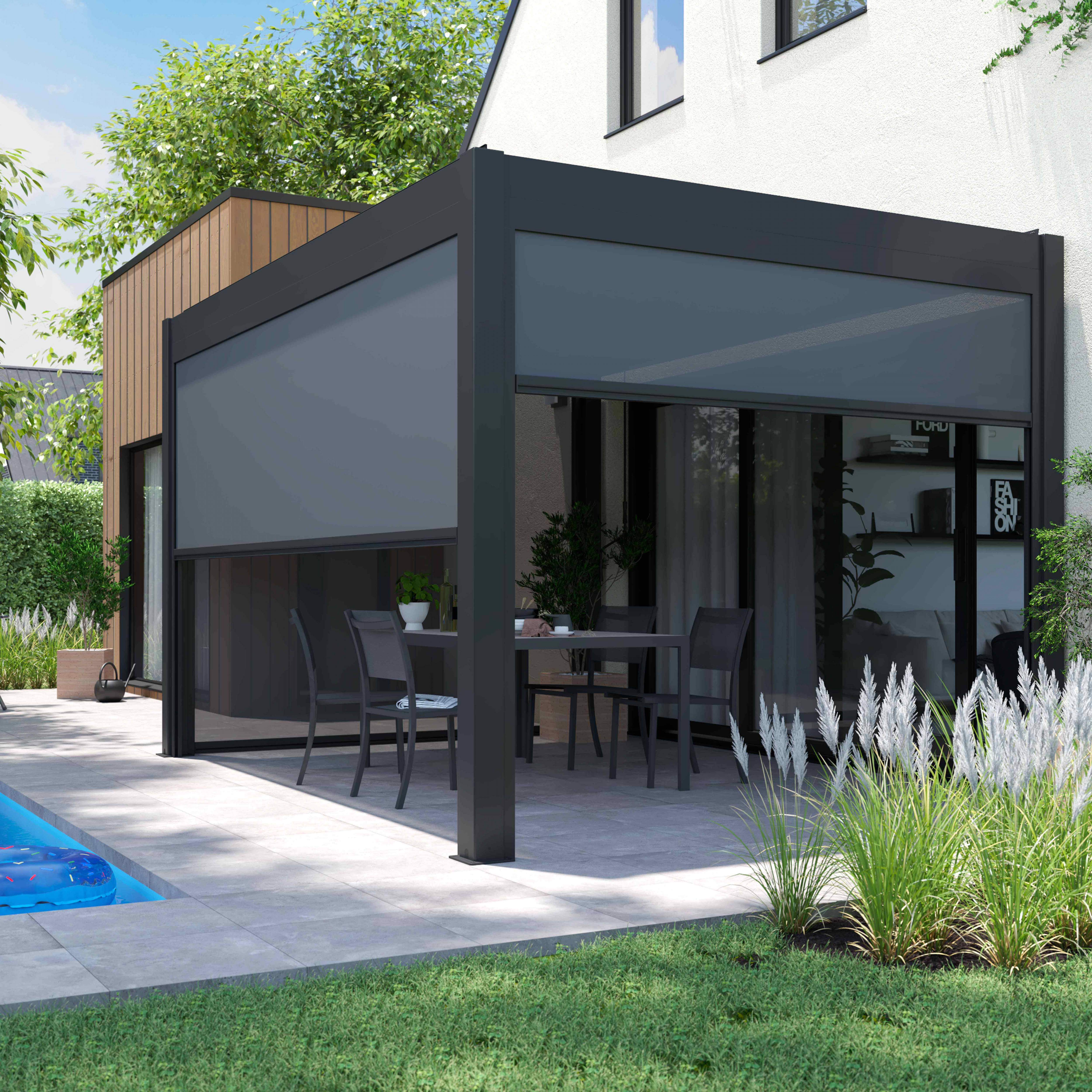 Oviala - Pergola bioclimatique 3 x 4 m autoportée avec 3 stores gris Athenes - Oviala - Image 1