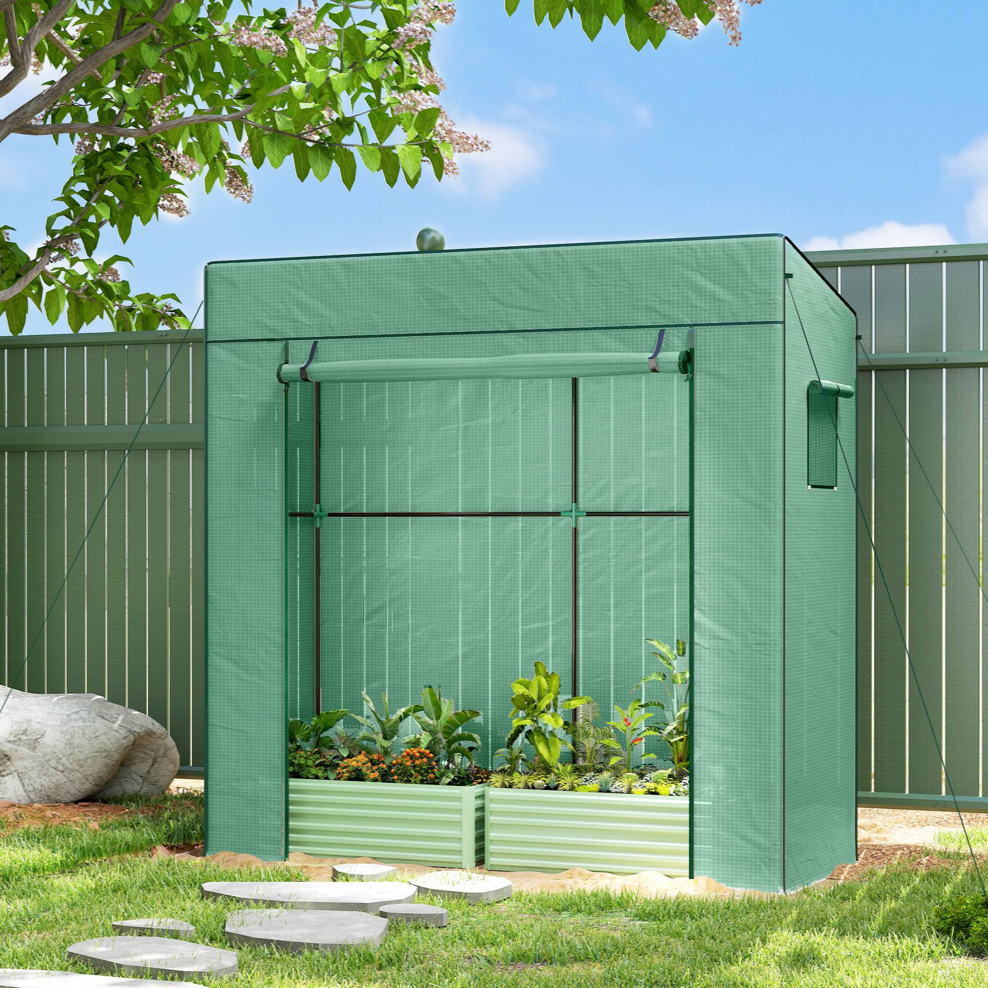 Sans Marque - Serre plantes 196x77x197 cm serre potagère acier PE 2 fenêtres grillagées porte sectionnelle culture légumes fleurs serre verte jardin extérieur - Image 3
