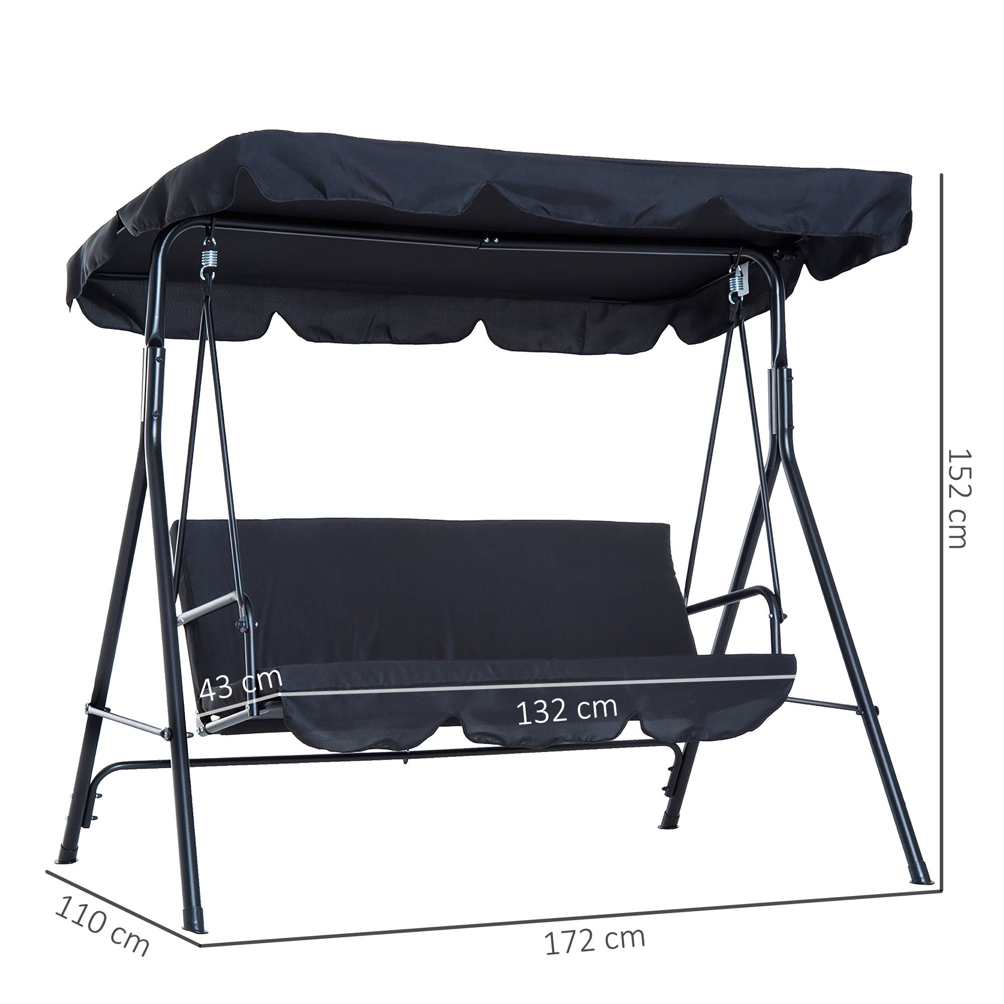 Outsunny - Balancelle de jardin 3 places toit inclinaison réglable coussins assise et dossier 1,72L x 1,1l x 1,52H m acier noir polyester noire - Outsunny - Image 3