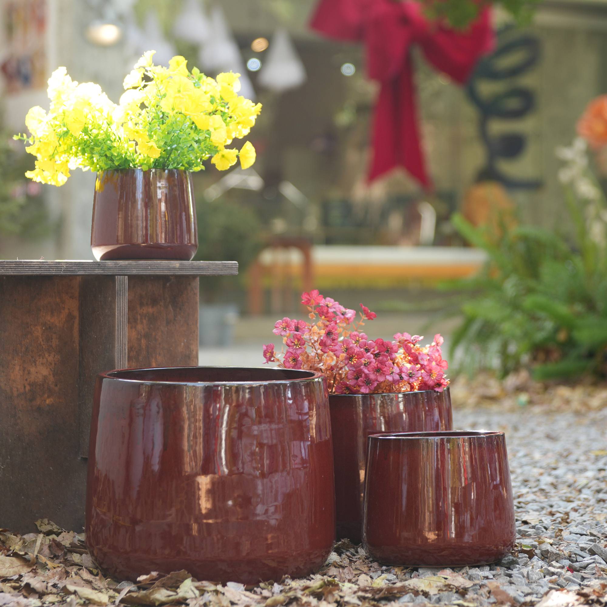 ComfortXL - Lot de 4 pots en céramique Ø 15 à 33 cm rouge profond intérieur jardin drainage - ComfortXL Outdoor Living - Image 8