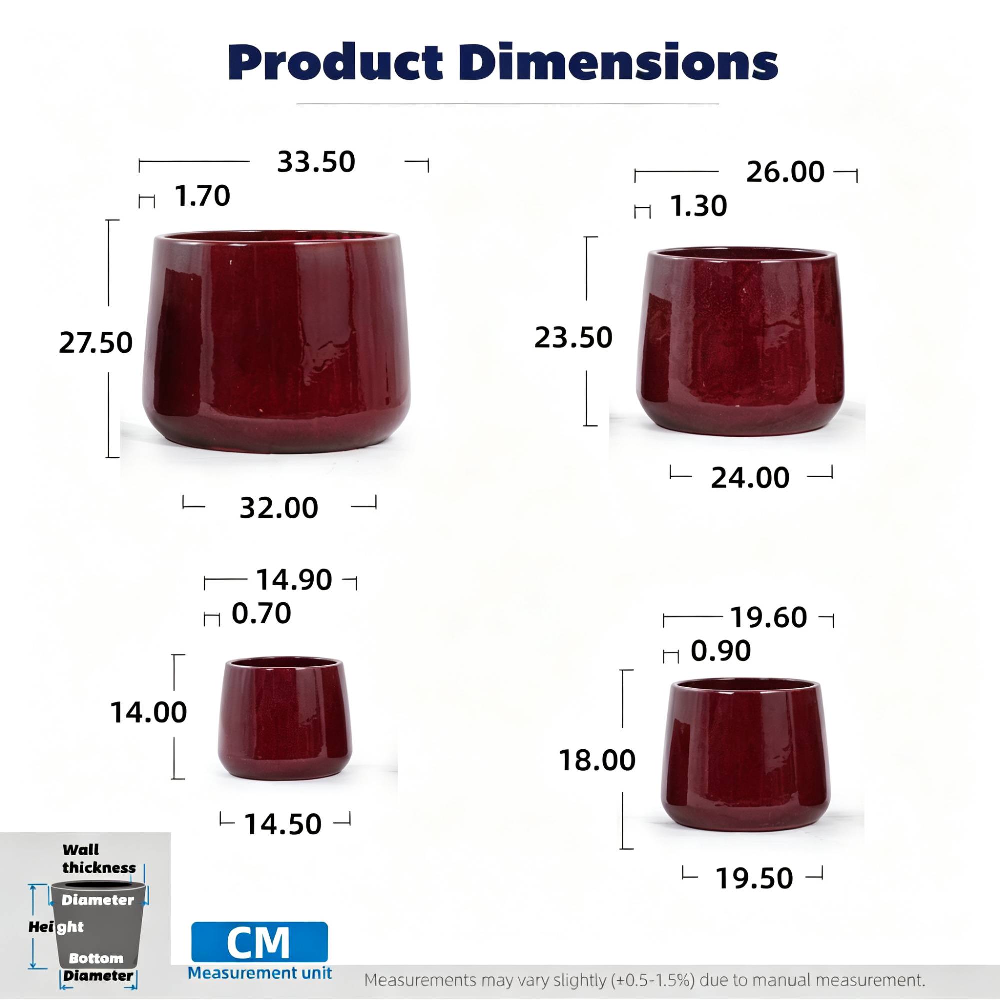 ComfortXL - Lot de 4 pots en céramique Ø 15 à 33 cm rouge profond intérieur jardin drainage - ComfortXL Outdoor Living - Image 3