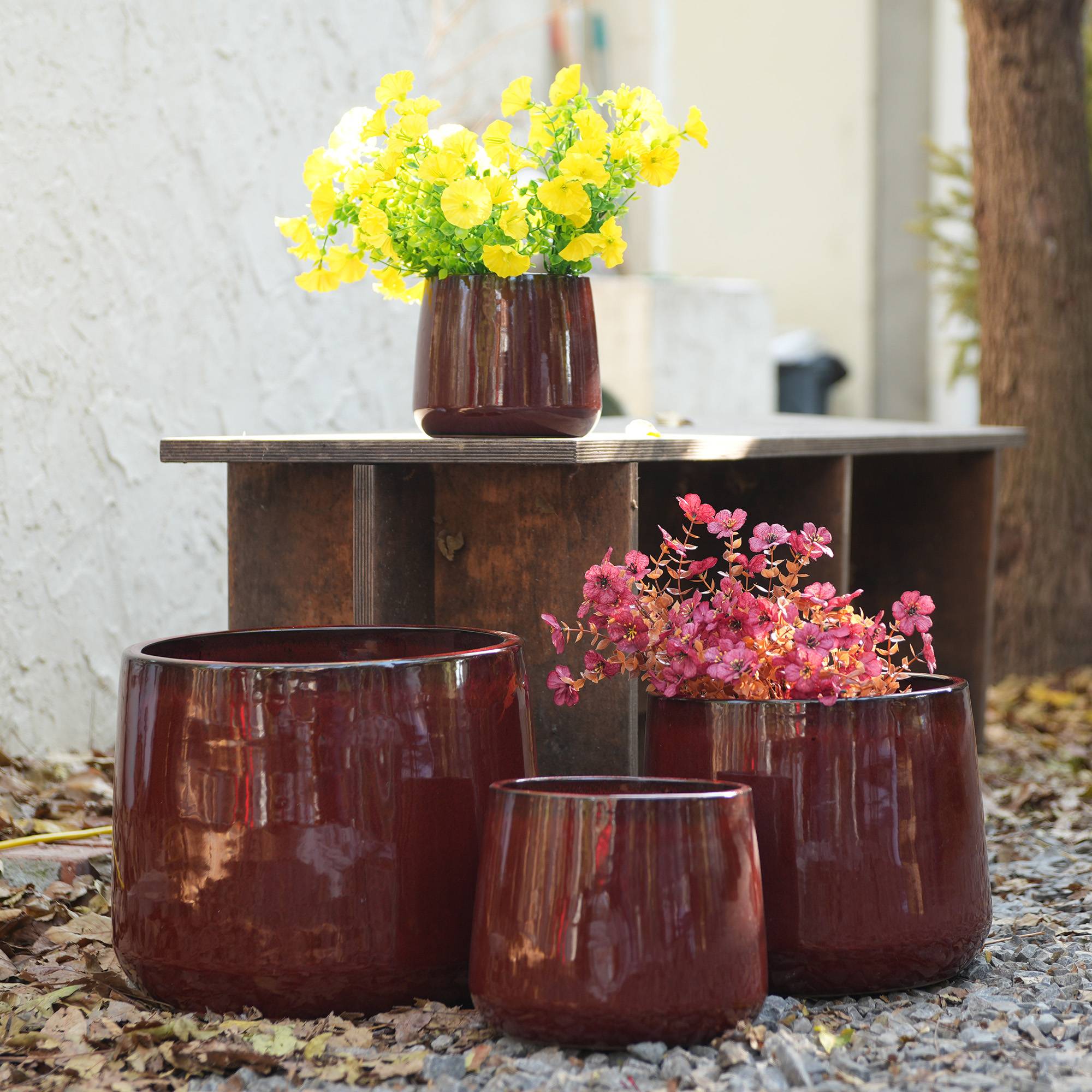 ComfortXL - Lot de 4 pots en céramique Ø 15 à 33 cm rouge profond intérieur jardin drainage - ComfortXL Outdoor Living - Image 1