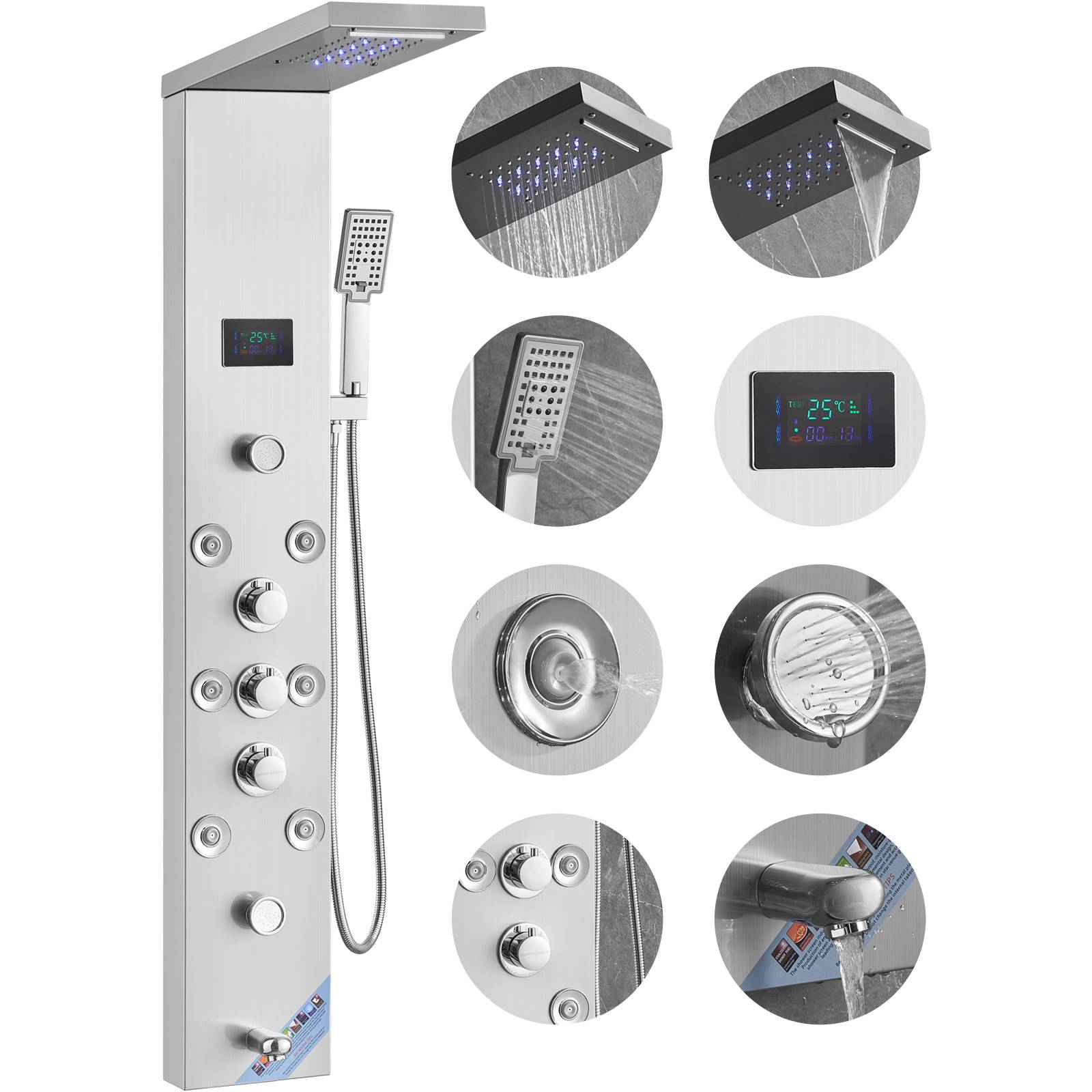 VEVOR Système de Panneau de Douche 6 Modes, Hydroélectrique LED, 8 Jets de Massage, Bec de Baignoire. - Image 1