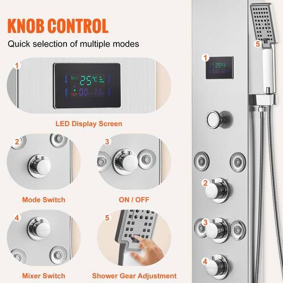 VEVOR Système de Panneau de Douche 6 Modes, Hydroélectrique LED, 8 Jets de Massage, Bec de Baignoire. - Image 5
