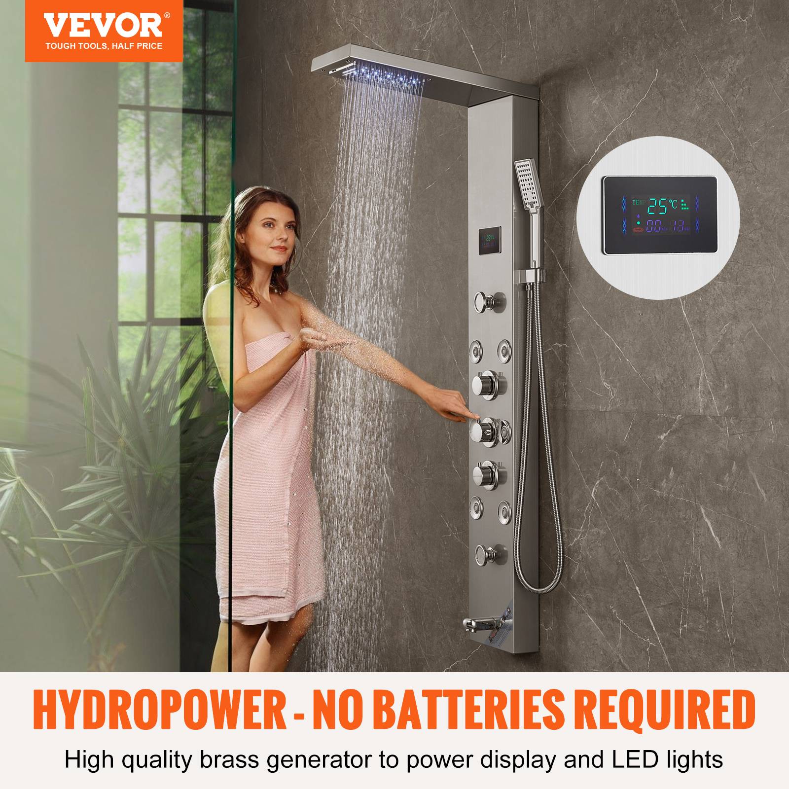 VEVOR Système de Panneau de Douche 6 Modes, Hydroélectrique LED, 8 Jets de Massage, Bec de Baignoire. - Image 2