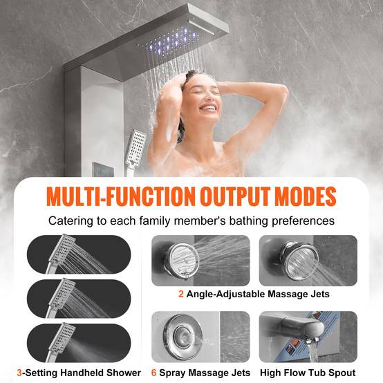 VEVOR Système de Panneau de Douche 6 Modes, Hydroélectrique LED, 8 Jets de Massage, Bec de Baignoire. - Image 4