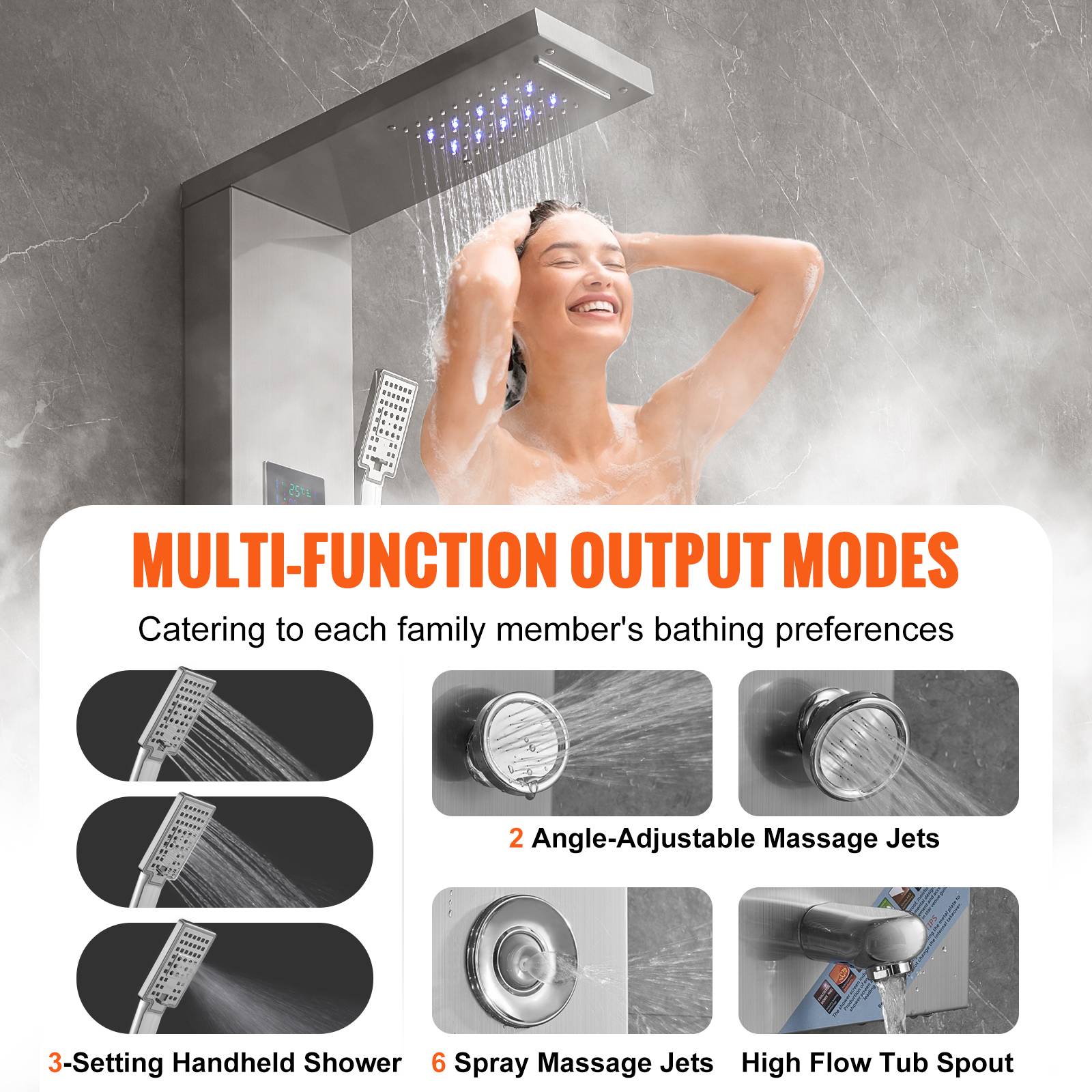 VEVOR Système de Panneau de Douche 6 Modes, Hydroélectrique LED, 8 Jets de Massage, Bec de Baignoire. - Image 4