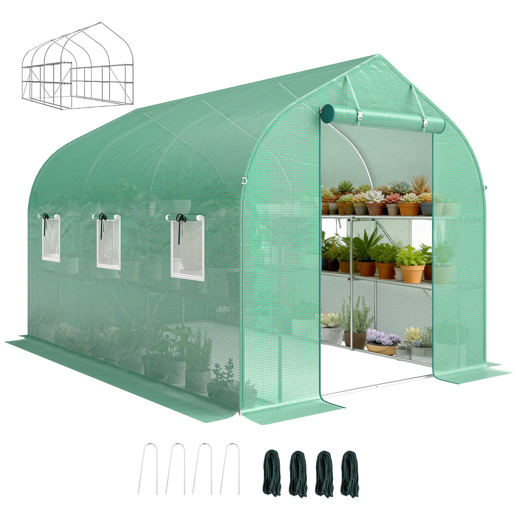 Serre tunnel de jardin 6m², serre de jardin avec étagères, porte et 6 fenêtres, cadre en acier galvanisé, vert