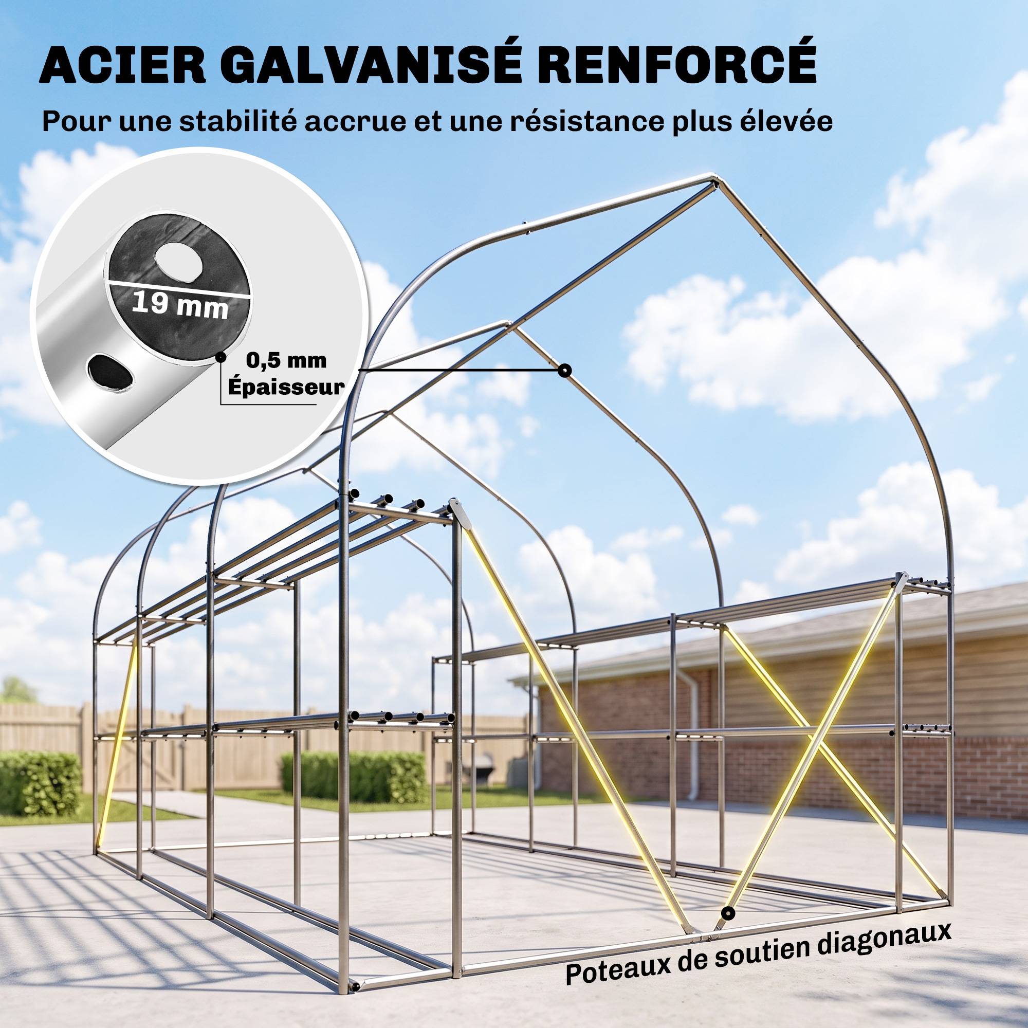 Serre tunnel de jardin 6m², serre de jardin avec étagères, porte et 6 fenêtres, cadre en acier galvanisé, vert - Image 7