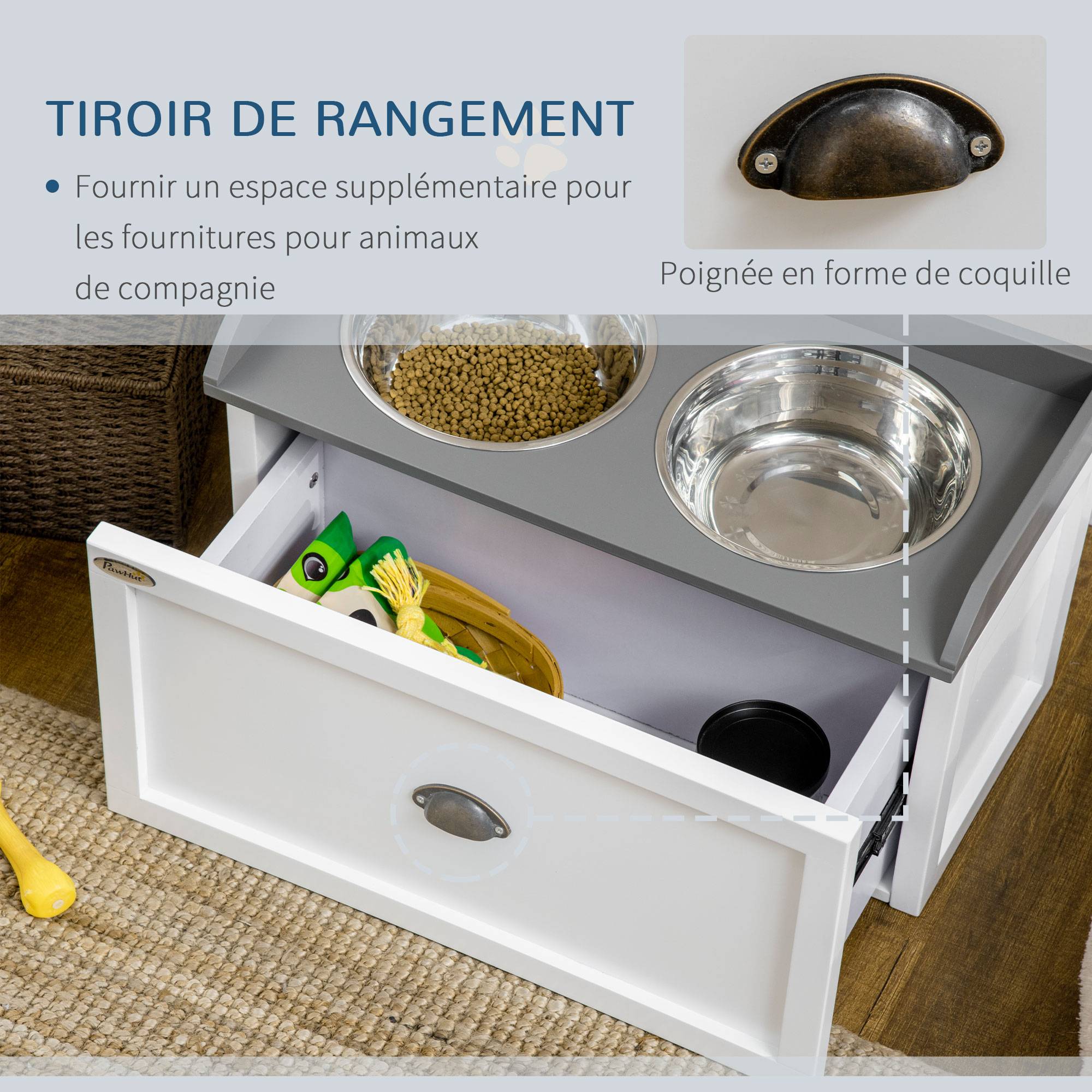 Gamelle double chien chat - porte-gamelles surélevé rangement 2 en 1 - tiroir, 2 gamelles - acier inox. MDF blanc gris - Image 7