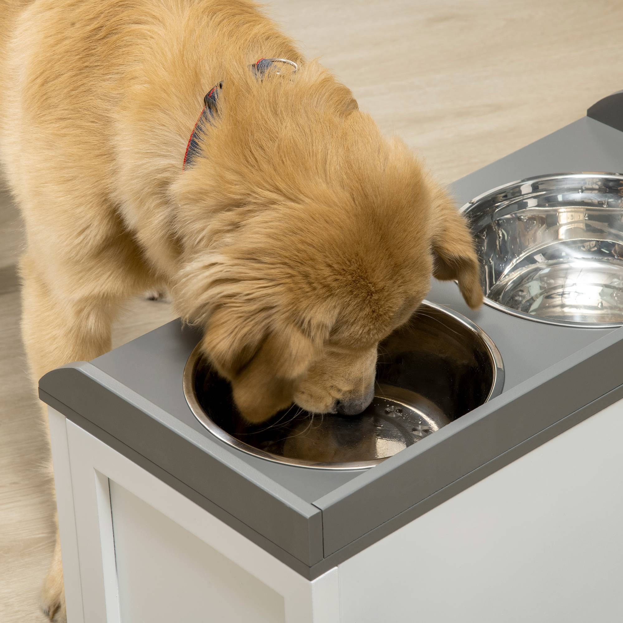 Gamelle double chien chat - porte-gamelles surélevé rangement 2 en 1 - tiroir, 2 gamelles - acier inox. MDF blanc gris - Image 9