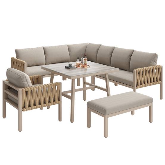 Mobilier jardin canapé d'angle corde tressée : structure fer galvanisé, pieds réglables, table basse verre + coussins, beige - Image 5