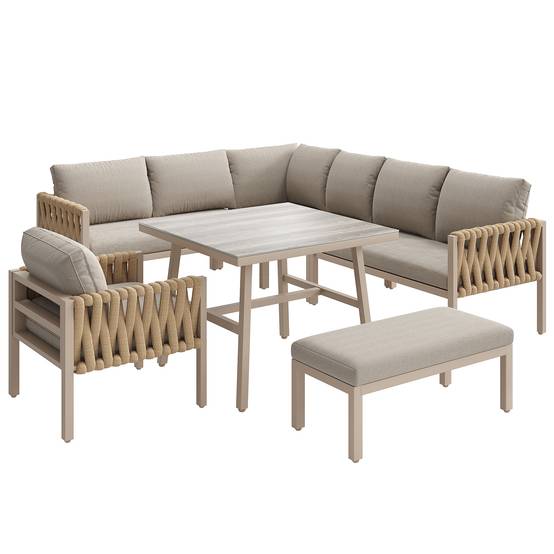 Mobilier jardin canapé d'angle corde tressée : structure fer galvanisé, pieds réglables, table basse verre + coussins, beige - Image 7
