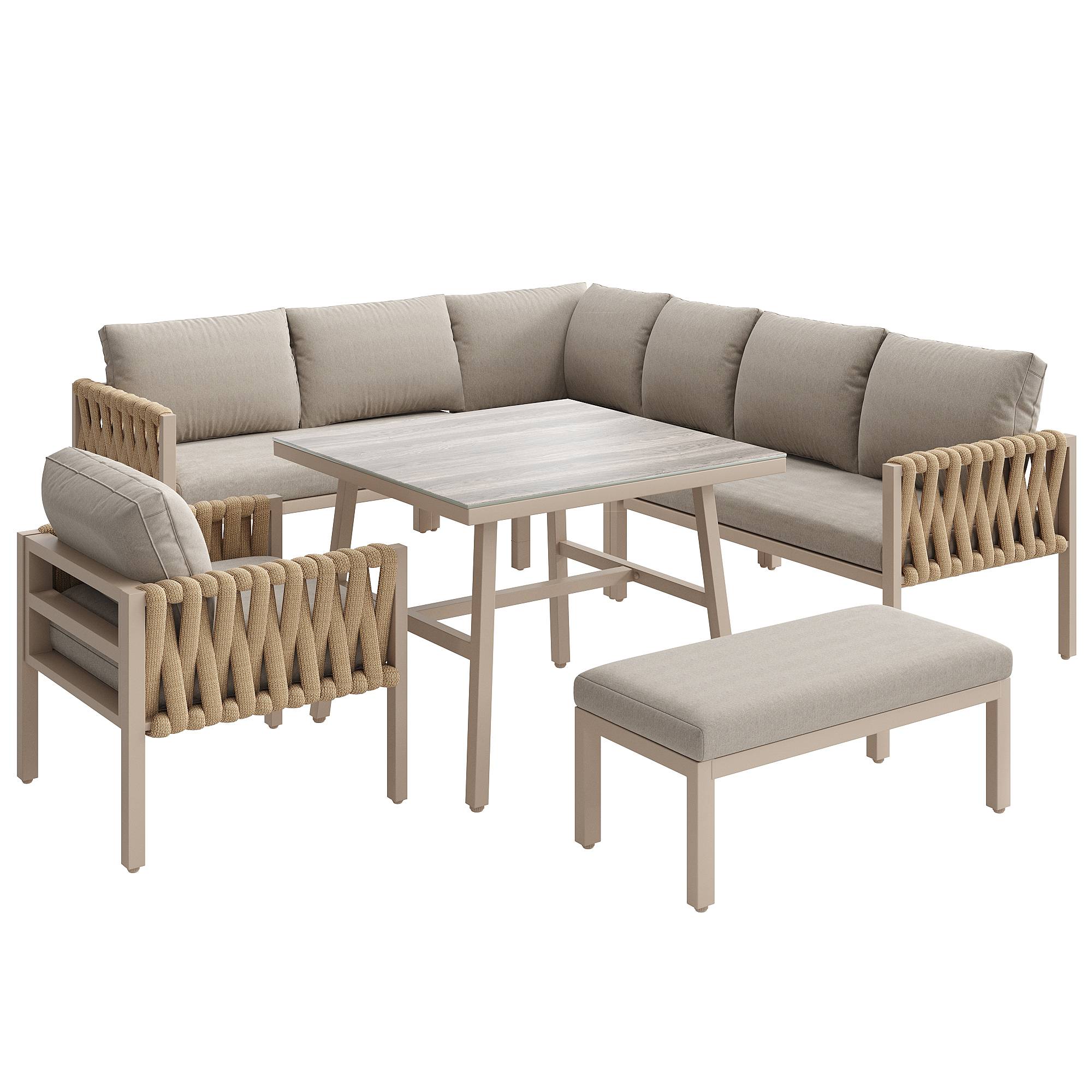 Mobilier jardin canapé d'angle corde tressée : structure fer galvanisé, pieds réglables, table basse verre + coussins, beige - Image 7