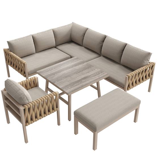 Mobilier jardin canapé d'angle corde tressée : structure fer galvanisé, pieds réglables, table basse verre + coussins, beige - Image 9