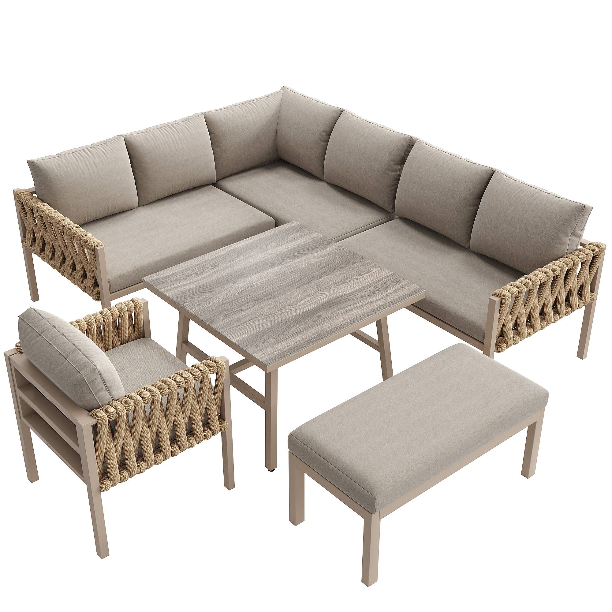 Mobilier jardin canapé d'angle corde tressée : structure fer galvanisé, pieds réglables, table basse verre + coussins, beige - Image 9