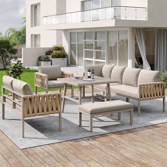 Mobilier jardin canapé d'angle corde tressée : structure fer galvanisé, pieds réglables, table basse verre + coussins, beige - Image 2
