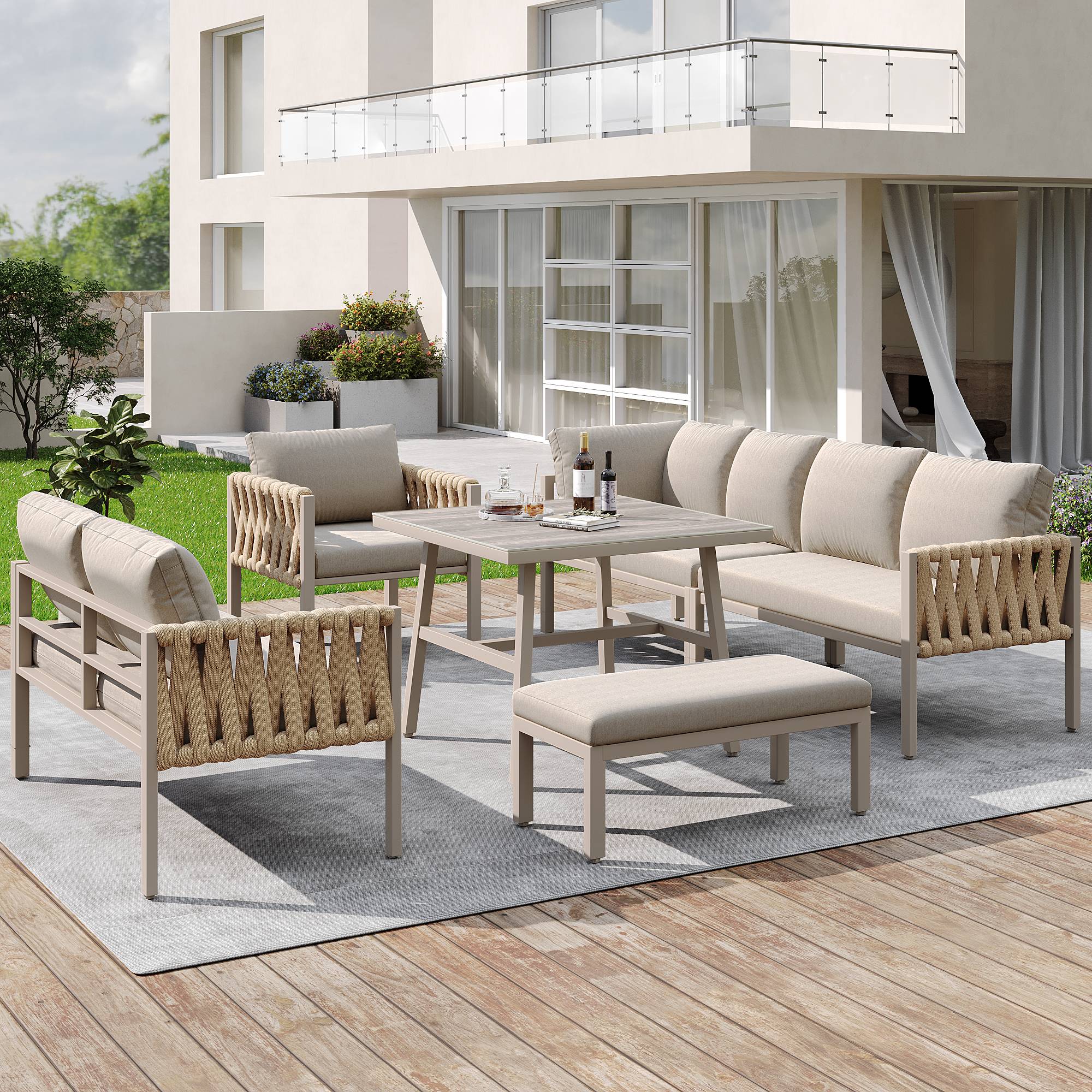 Mobilier jardin canapé d'angle corde tressée : structure fer galvanisé, pieds réglables, table basse verre + coussins, beige - Image 2