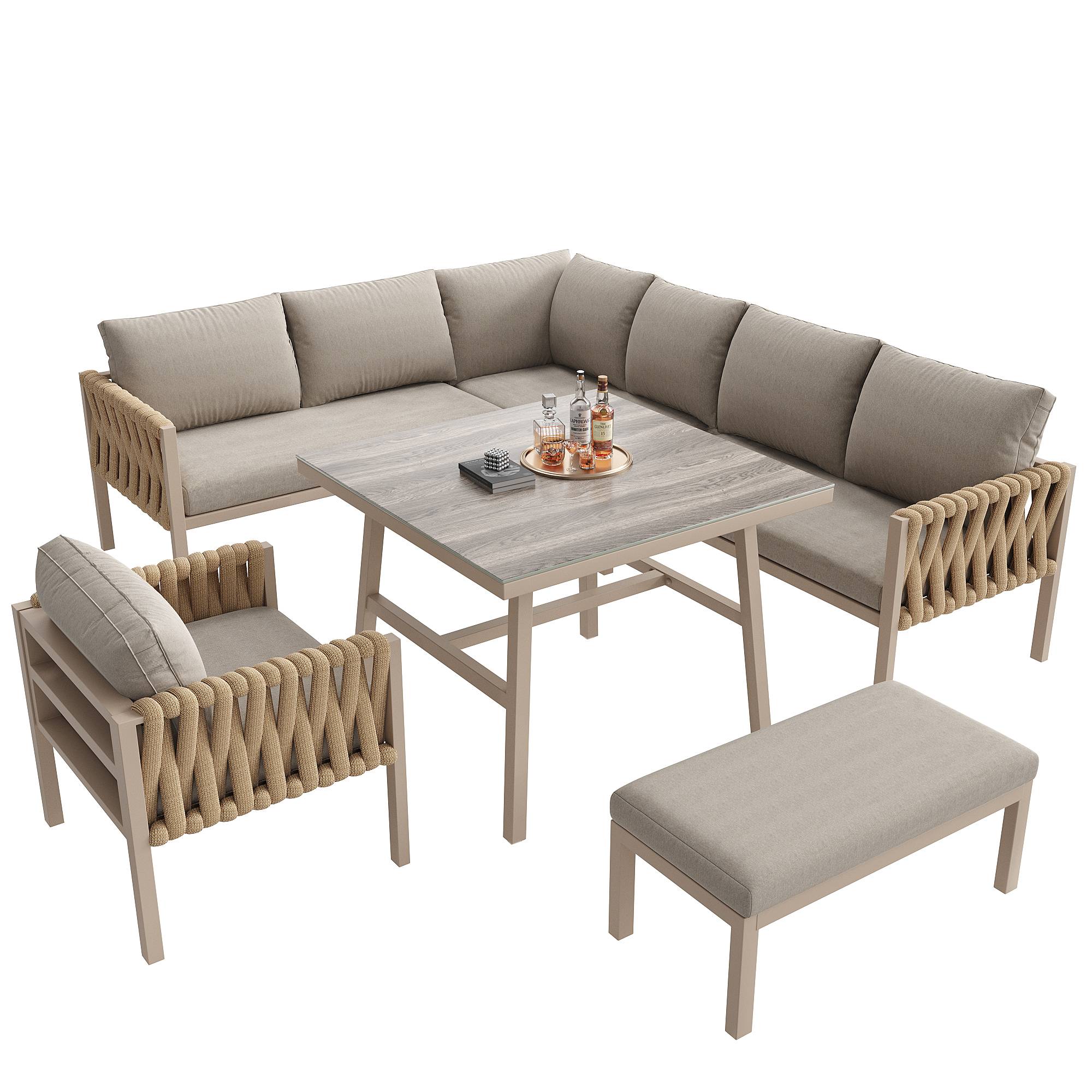 Mobilier jardin canapé d'angle corde tressée : structure fer galvanisé, pieds réglables, table basse verre + coussins, beige - Image 10