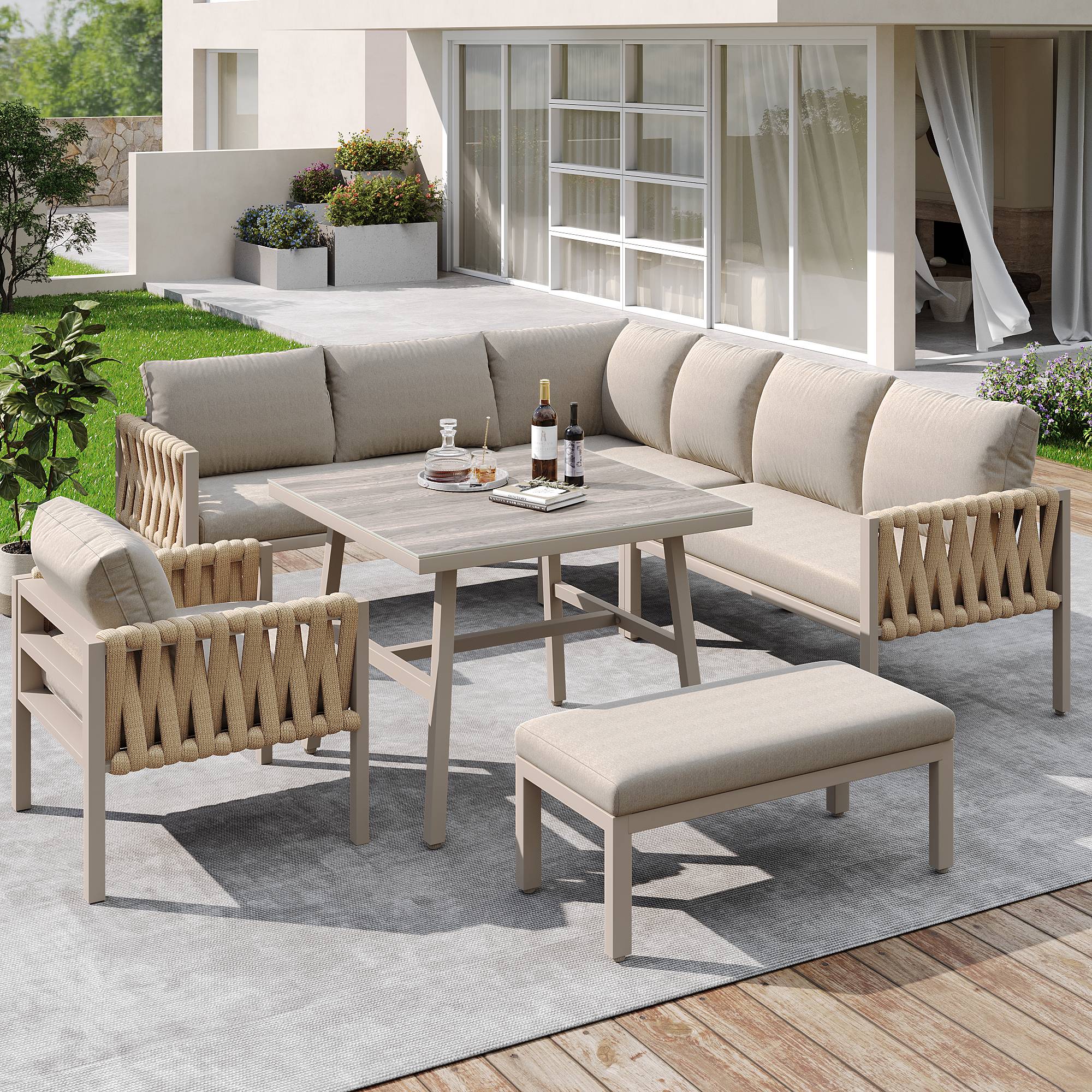 Mobilier jardin canapé d'angle corde tressée : structure fer galvanisé, pieds réglables, table basse verre + coussins, beige - Image 1