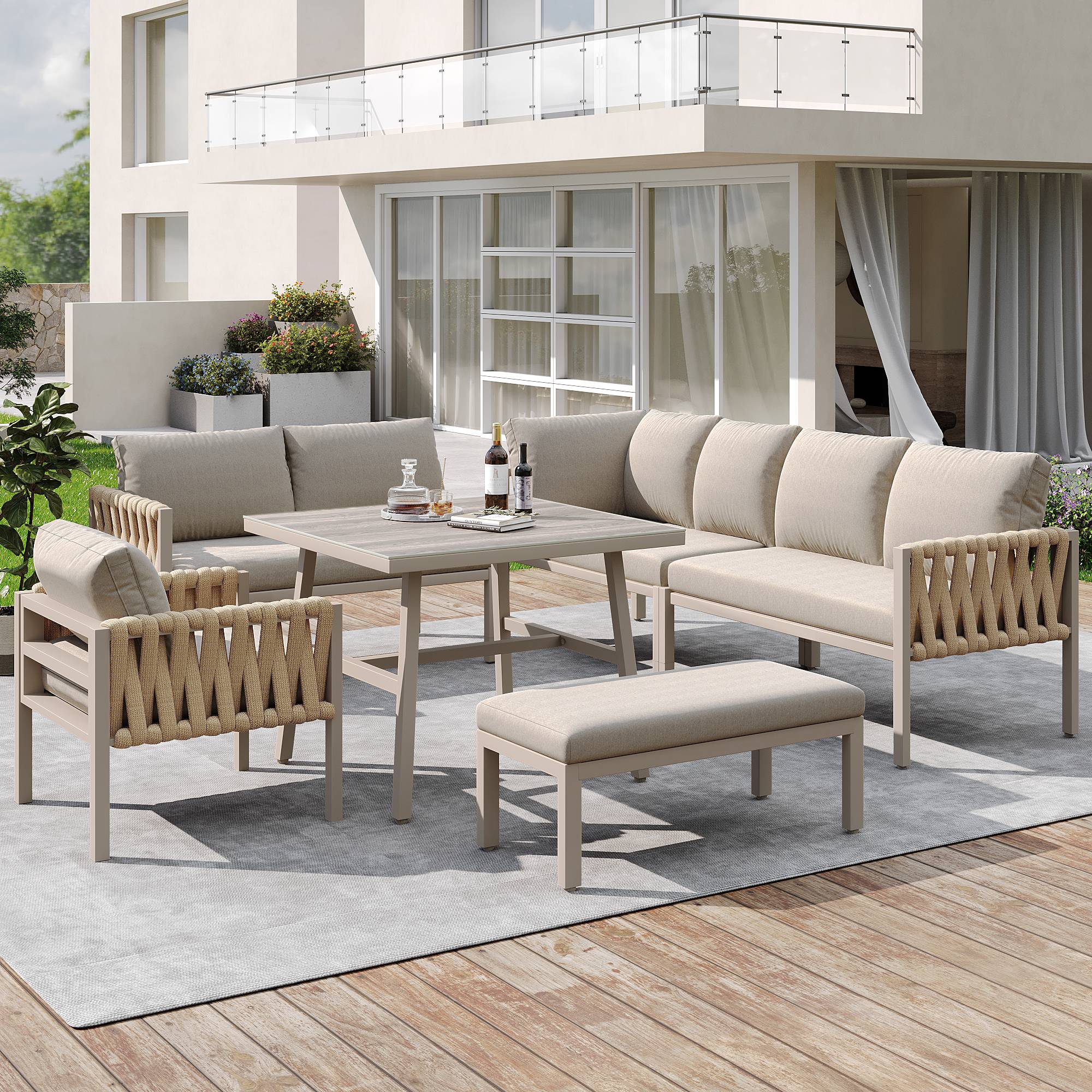 Mobilier jardin canapé d'angle corde tressée : structure fer galvanisé, pieds réglables, table basse verre + coussins, beige - Image 3